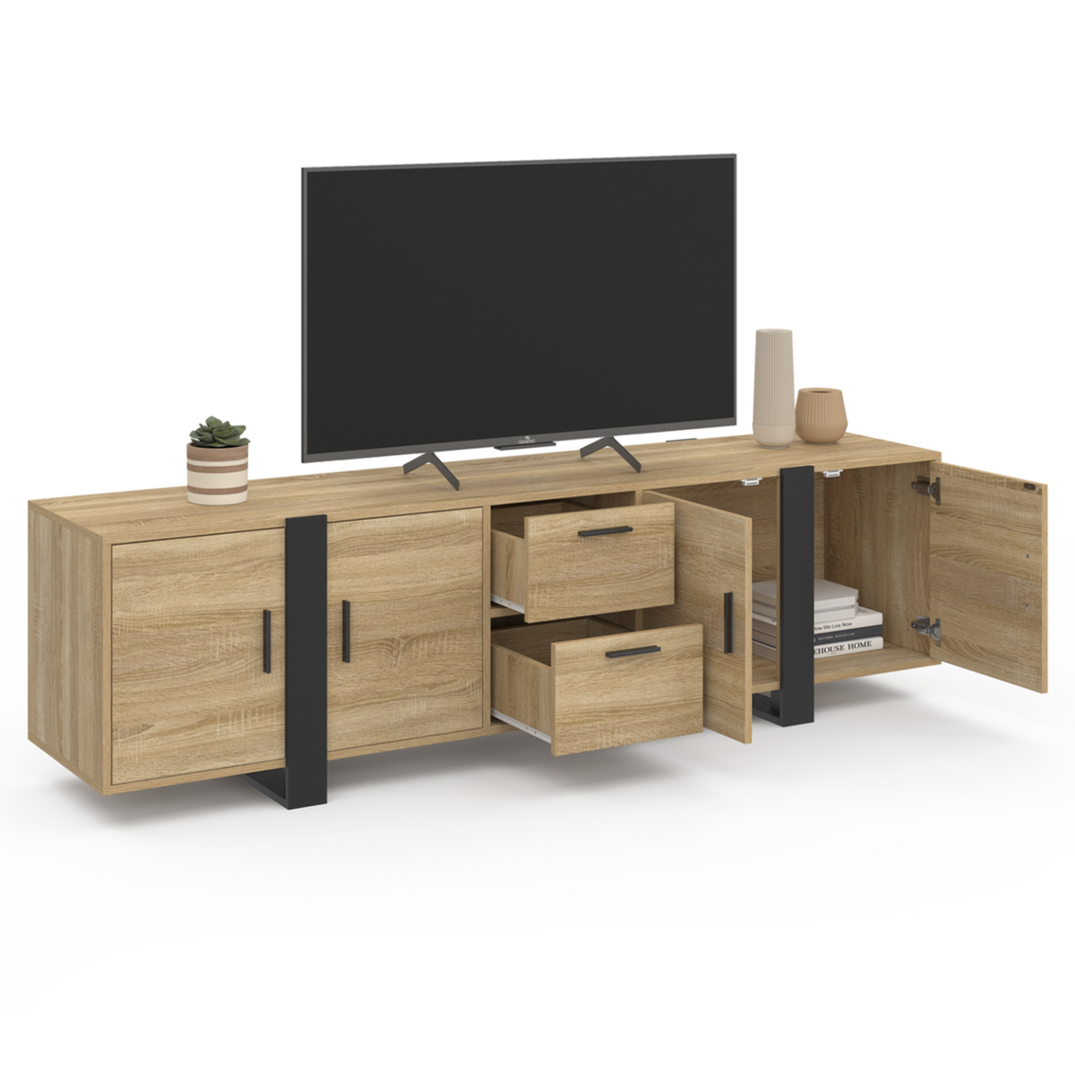 ID MARKET Meuble TV 180 cm PHOENIX 4 portes + 2 tiroirs bois et noir