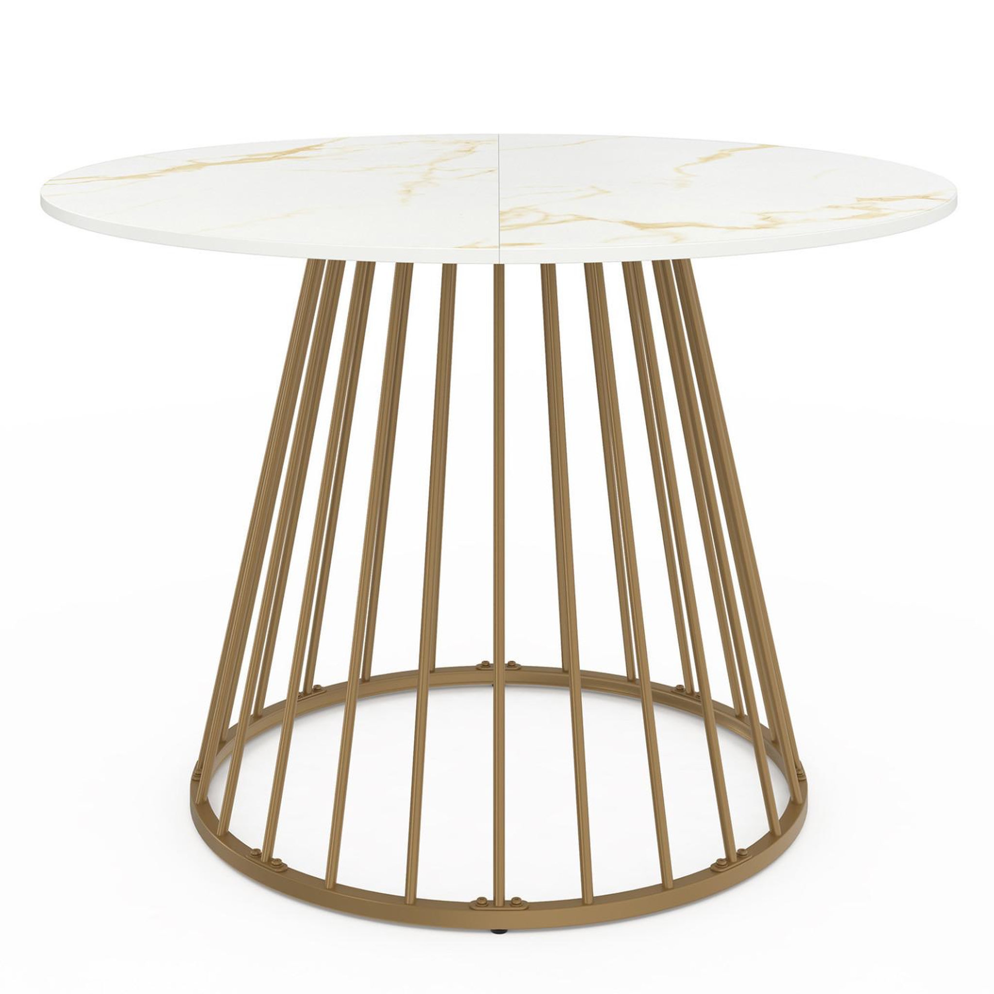 Voir la diapositive 3 : ID MARKET Table à manger ronde yuna 6 personnes pied filaire laiton et plateau effet marbre blanc alaska 110 cm