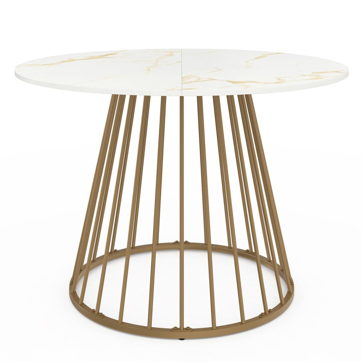 ID MARKET Table à manger ronde YUNA 6 personnes pied filaire laiton et plateau effet marbre blanc ALASKA 110 cm