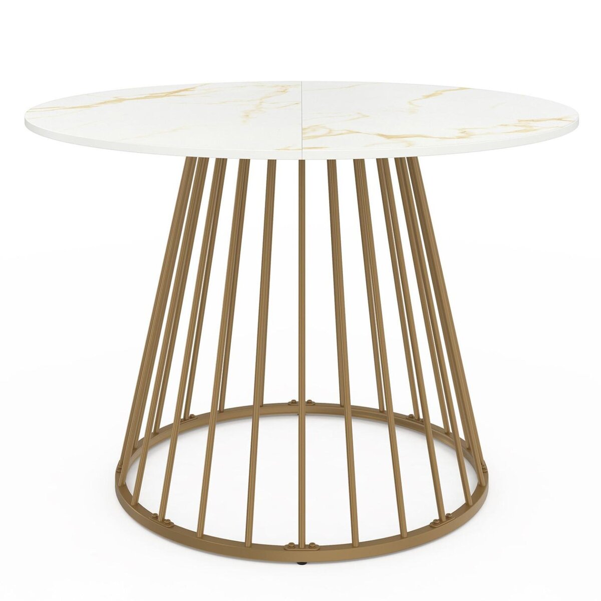 ID MARKET Table à manger ronde YUNA 6 personnes pied filaire laiton et plateau effet marbre blanc ALASKA 110 cm