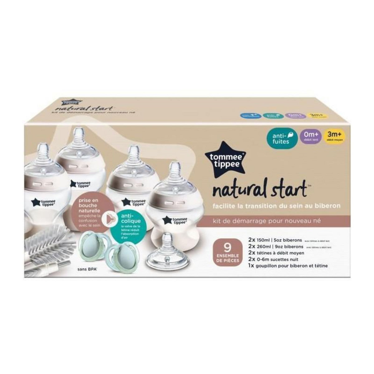 TOMMEE TIPPEE Coffret biberons - TOMMEE TIPPEE - NATURAL START - 4x biberons 150 ml / 260 ml - Anti-colique - 2x tétines - Nouveau-né