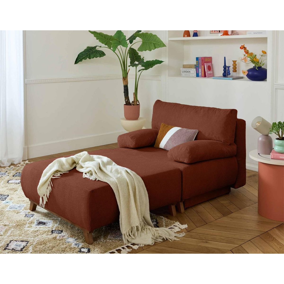 BEST MOBILIER Cristal - fauteuil - convertible avec coffre et grand pouf - en velours texturé