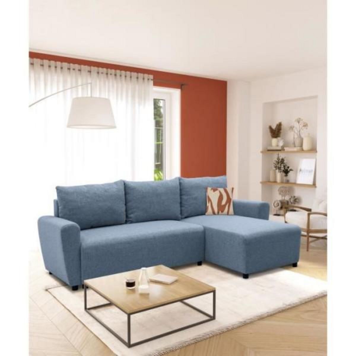 MARKET24 Canapé d'angle convertible 3-4 places STEWART - Tissu bleu - L224 x H85 x P155 cm