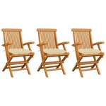 VIDAXL Chaises de jardin et coussins blanc creme lot de 3 Teck massif