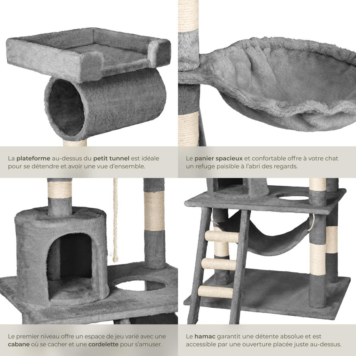 tectake Arbre à chat 141 cm avec griffoir et plateforme d'escalade gris