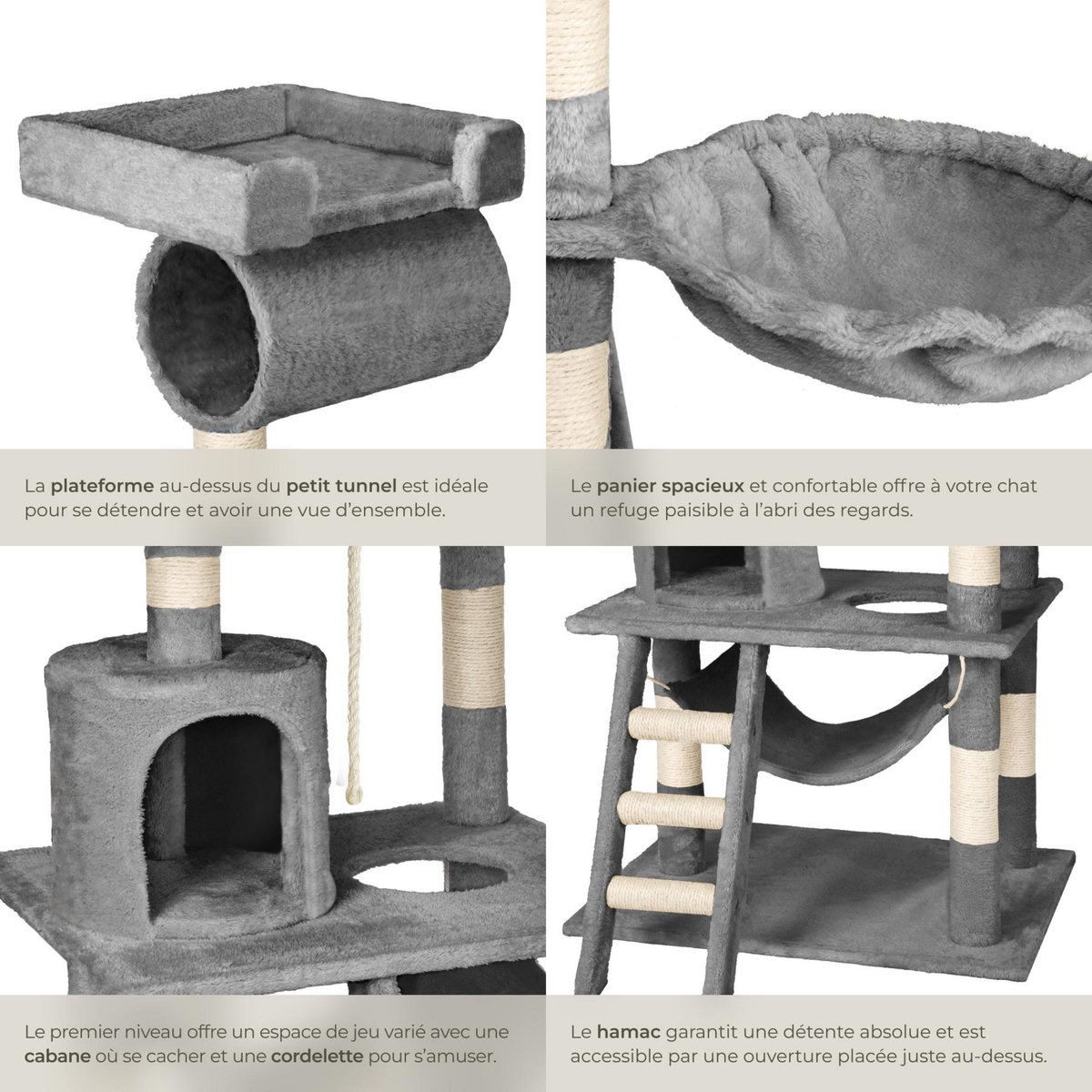 tectake Arbre à chat 141 cm avec griffoir et plateforme d'escalade gris