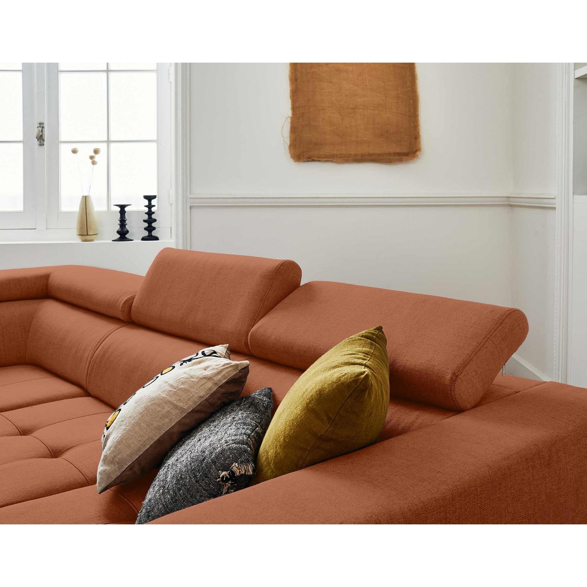 LISA DESIGN Olinda - canapé d'angle gauche - 5 places - convertible avec coffre et têtières réglables - en tissu