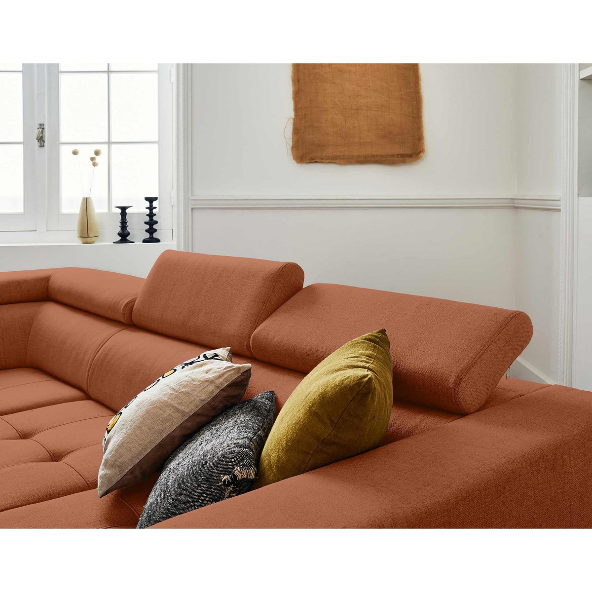 LISA DESIGN Olinda - canapé d'angle gauche - 5 places - convertible avec coffre et têtières réglables - en tissu