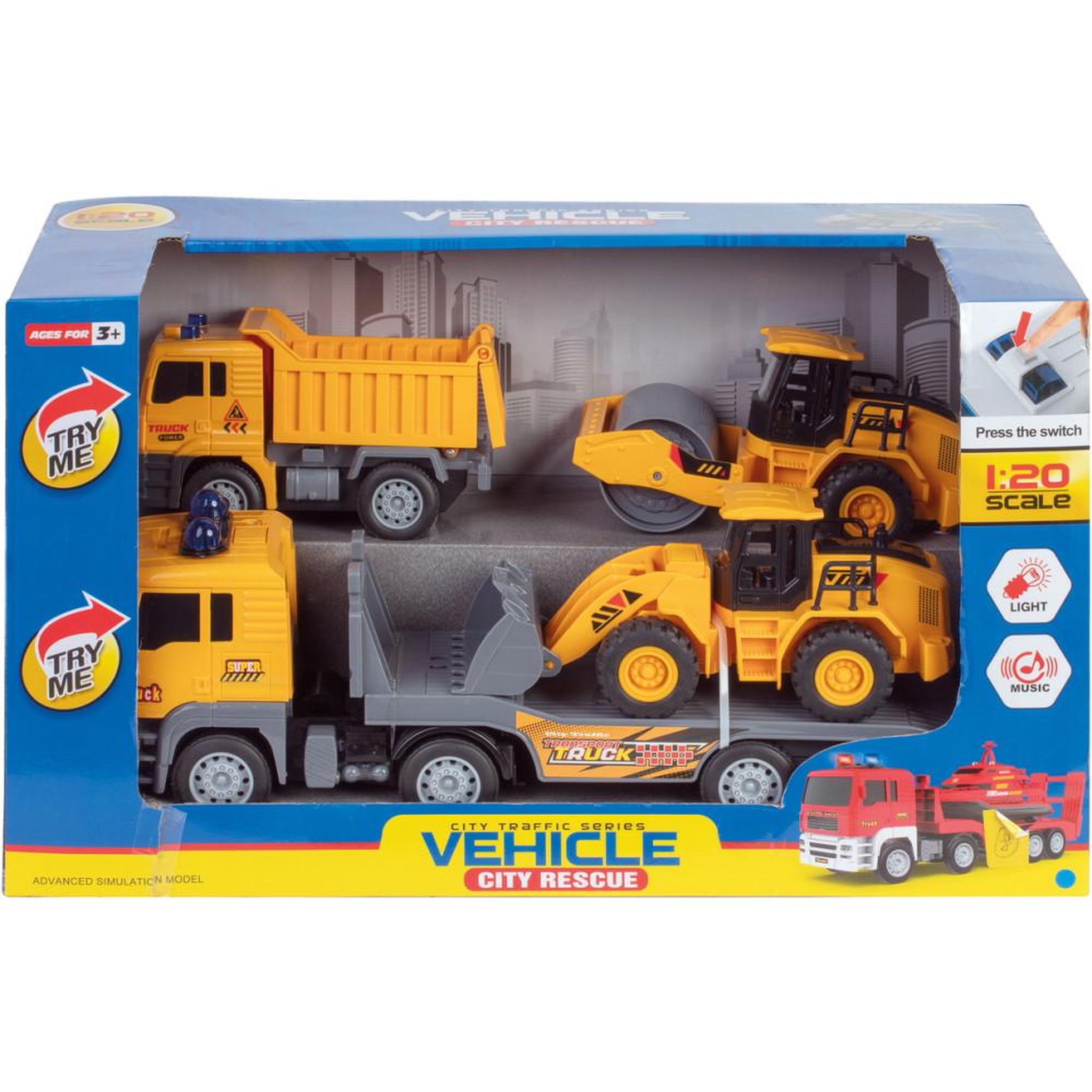 Playset véhicule de construction avec lumières, musique et bouton poussoir pour enfants 3+