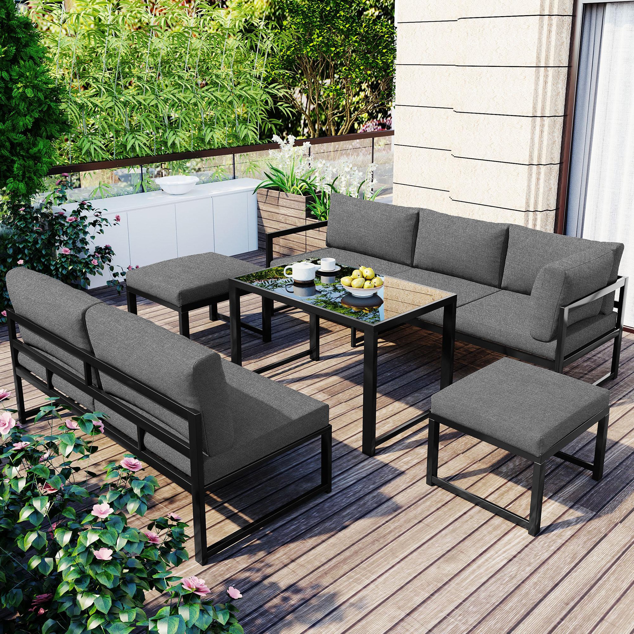 Voir la diapositive 2 : MERAX Salon de jardin 7 places en aluminium avec 1 canapé 3p, 1 canapé 2p, 2 poufs, table, coussins, gris