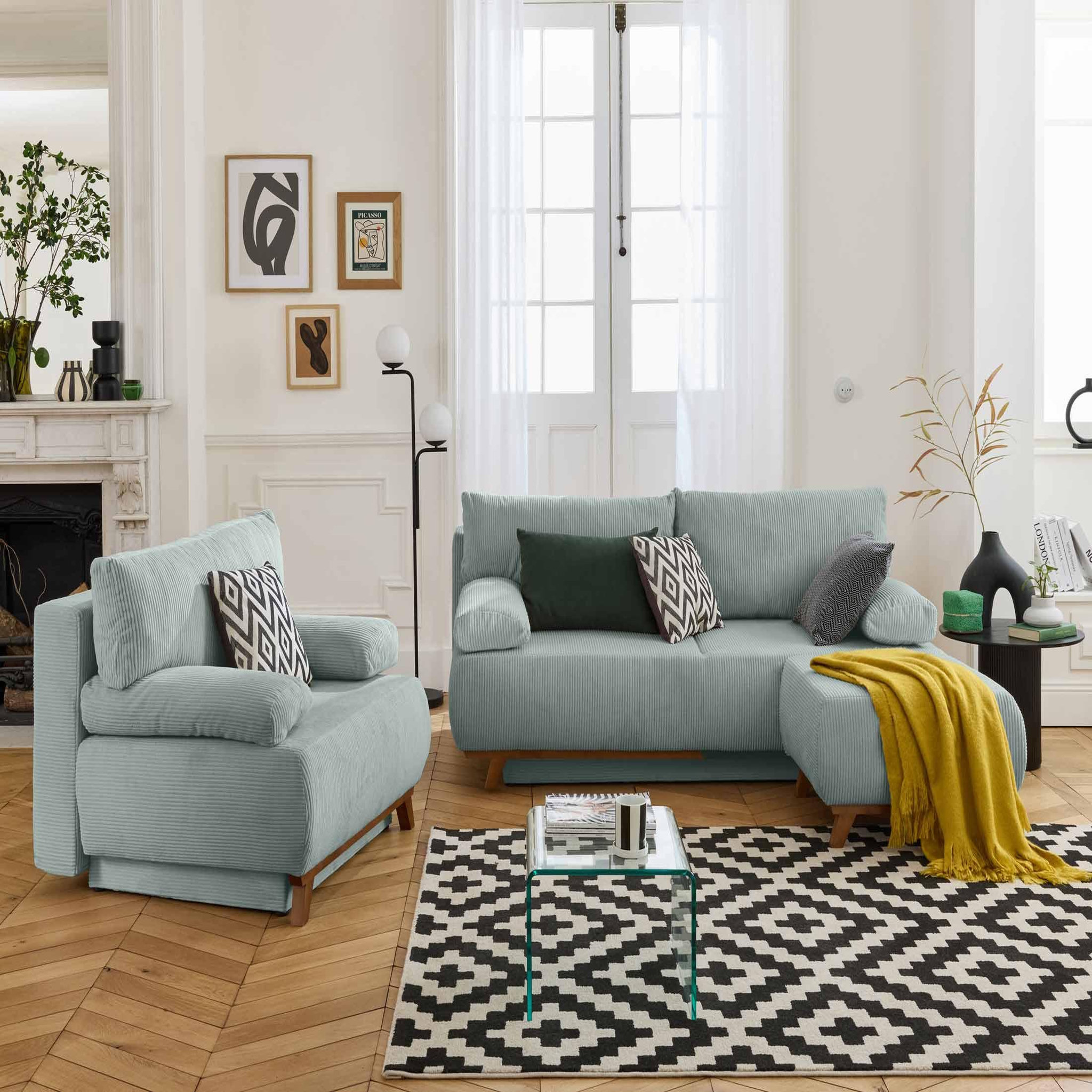 Voir la diapositive 6 : BEST MOBILIER Cristal - canapé 3 places - convertible avec coffre et pouf - en velours côtelé