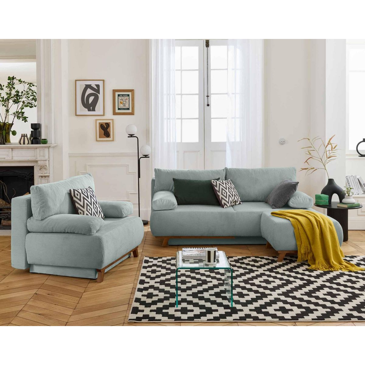 BEST MOBILIER Cristal - canapé 3 places - convertible avec coffre et pouf - en velours côtelé