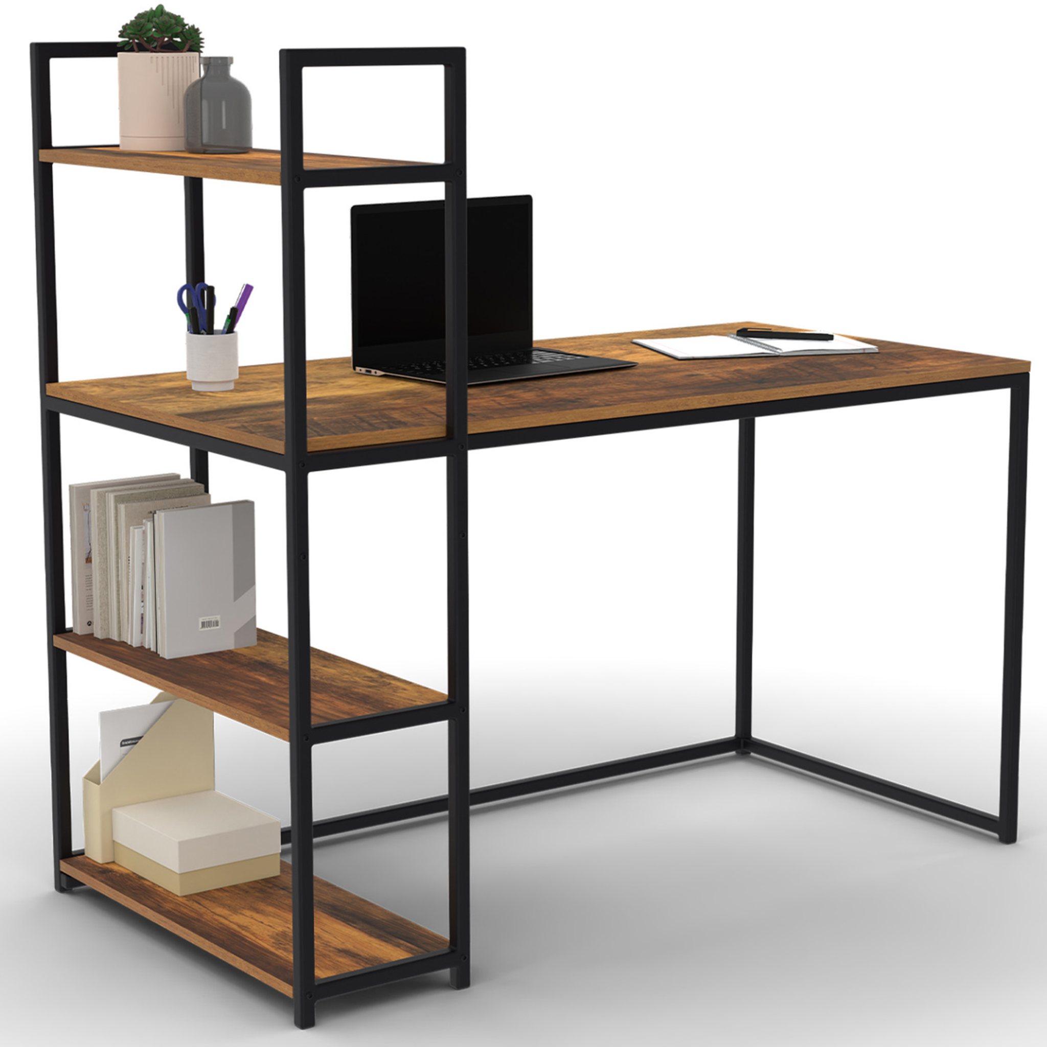 ID MARKET Bureau bibliothèque hawkins plateau bois foncé design industriel
