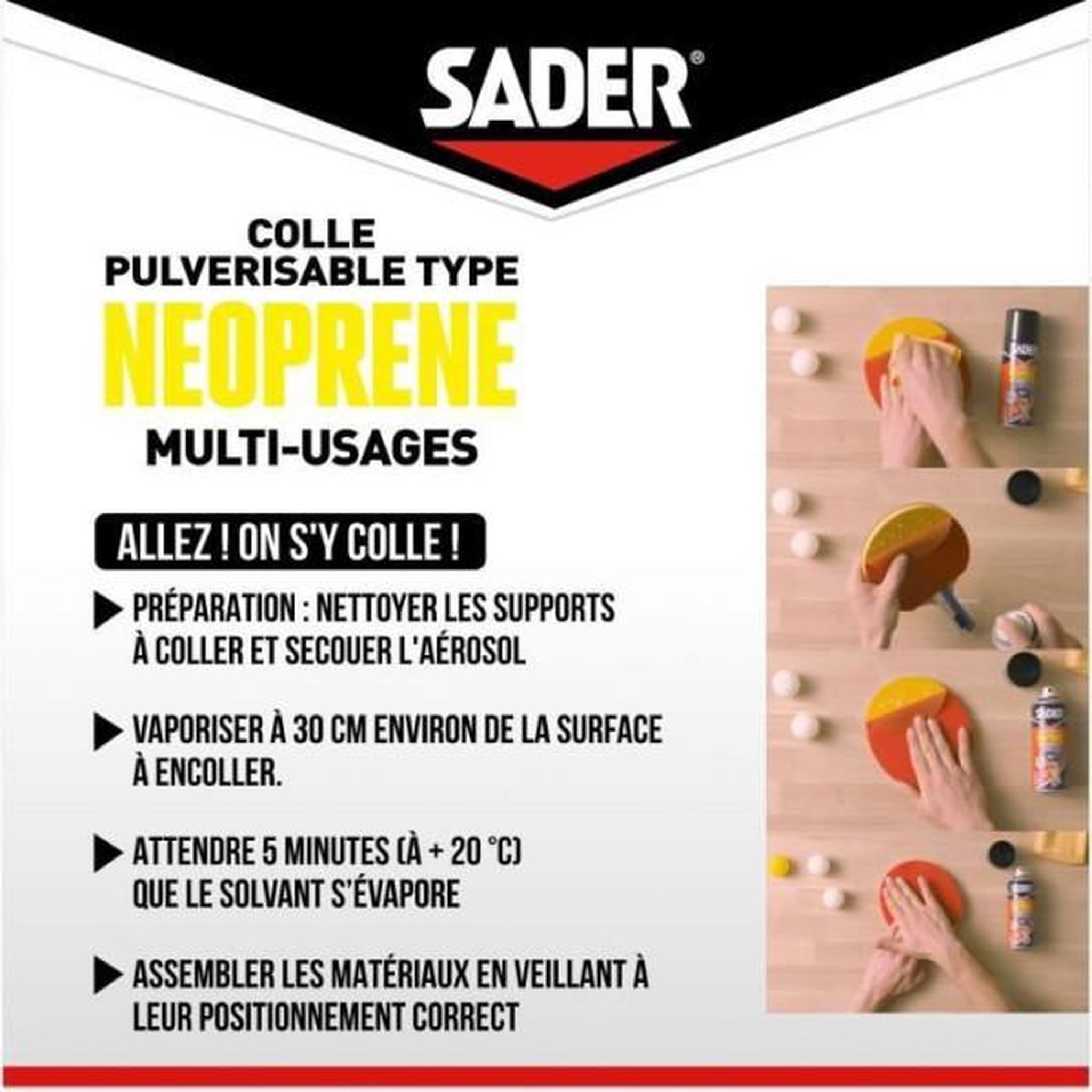 Voir la diapositive 4 : Sader Colle aérosol néoprene multi-usages - SADER - Extra forte - Tous matériaux - Prise immédiate - Bombe 500 ml