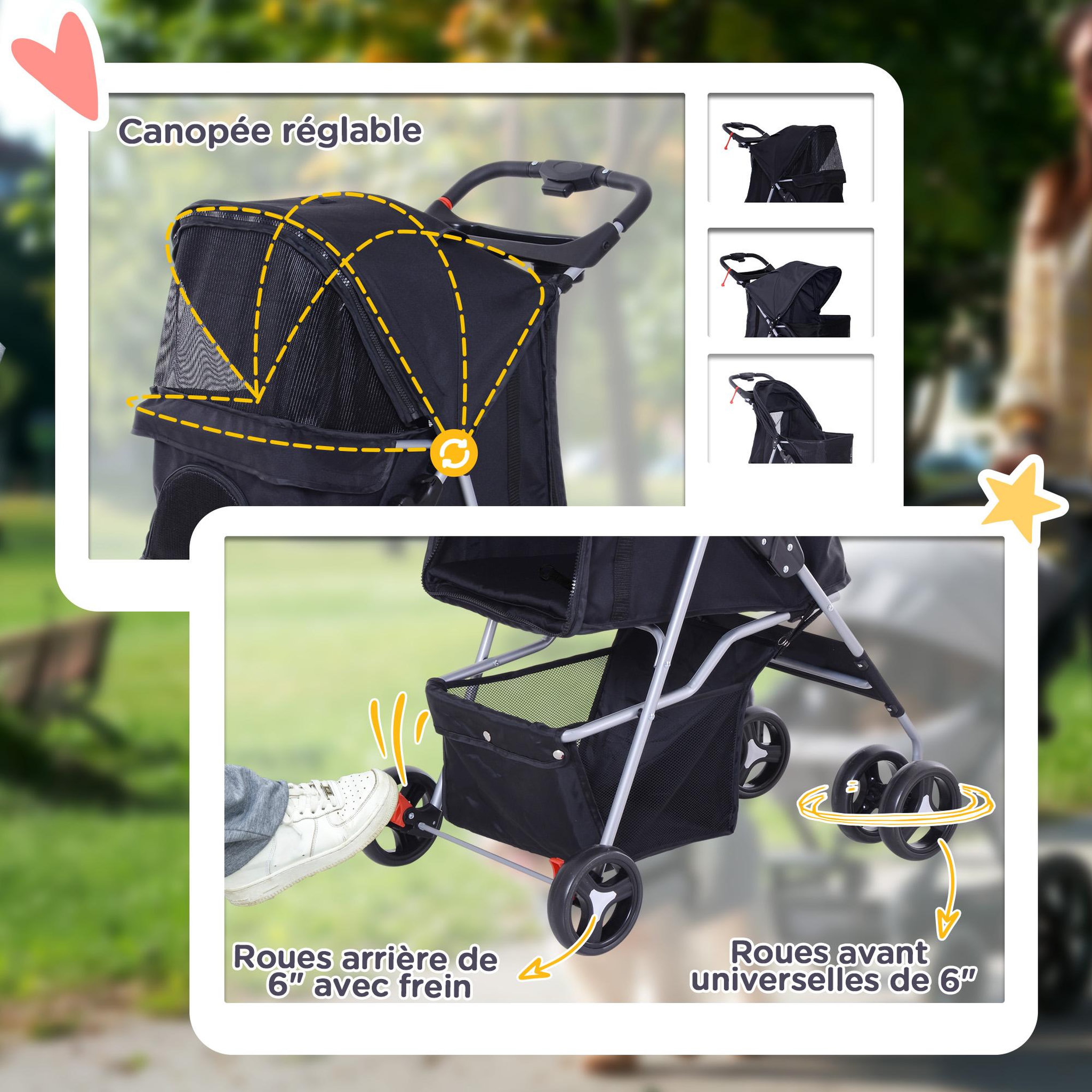 Voir la diapositive 6 : PAWHUT Poussette buggy pour chiens 75l x 46l x 94h cm pliable imperméable tissu 600d oxford 4 roues noir