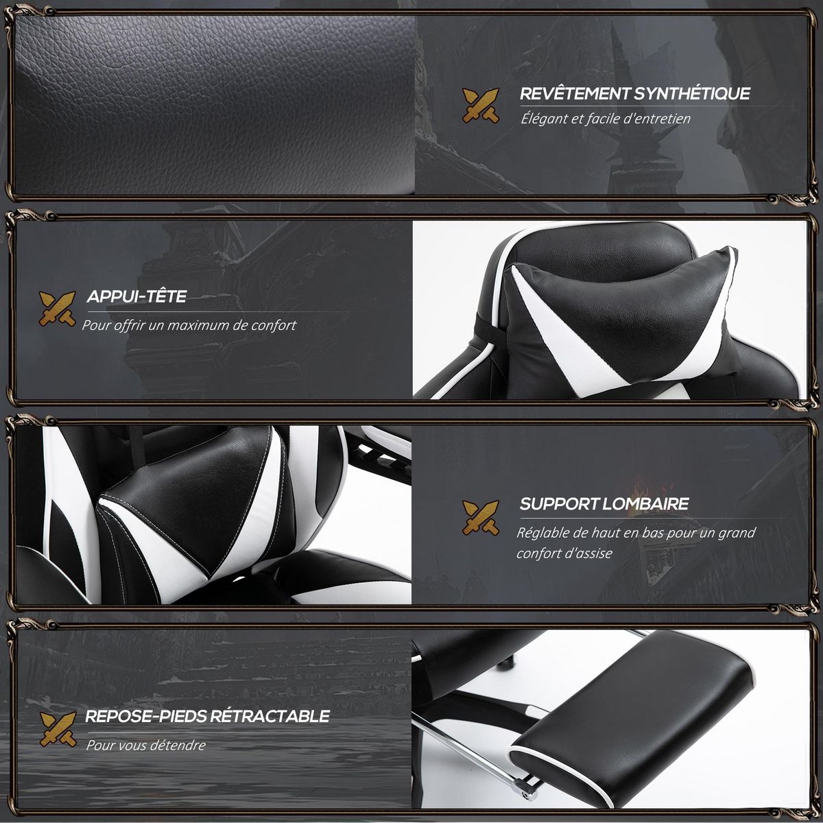 VINSETTO Vinsetto Fauteuil de bureau gamer style baquet racing - pivotant, inclinable - coussin lombaire, tétière, repose-pieds inclus - revêtement synthétique blanc noir