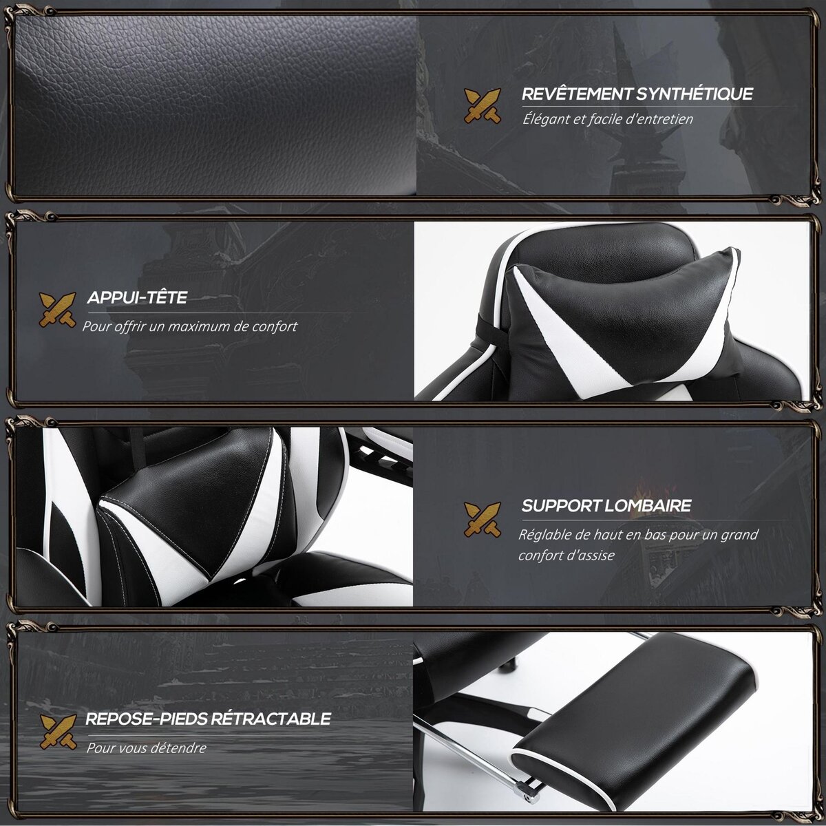 VINSETTO Vinsetto Fauteuil de bureau gamer style baquet racing - pivotant, inclinable - coussin lombaire, tétière, repose-pieds inclus - revêtement synthétique blanc noir