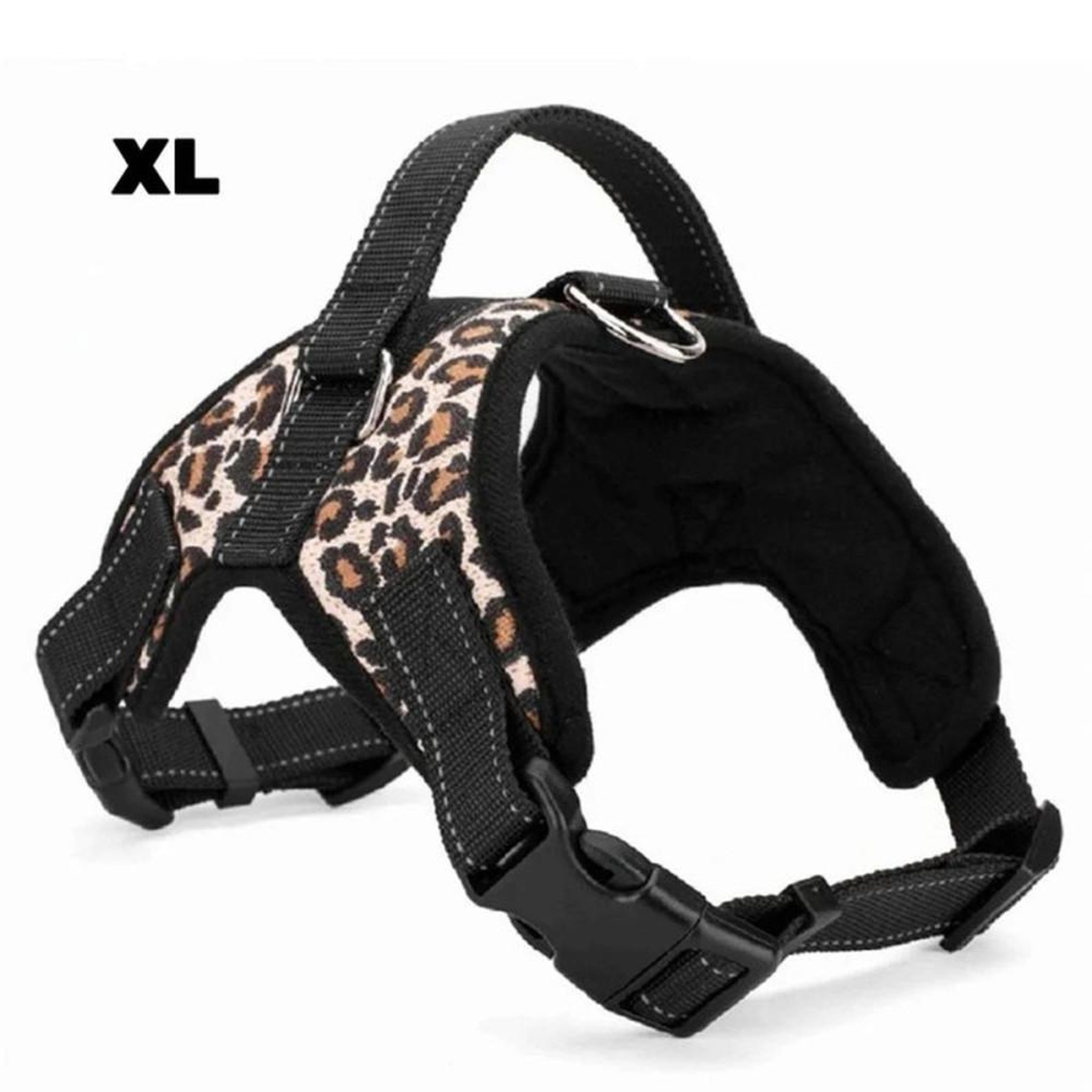 Harnais chien rembourré sans traction motif léopard XL, ajustable cou et poitrine, anti-frottements et visibilité réfléchissante