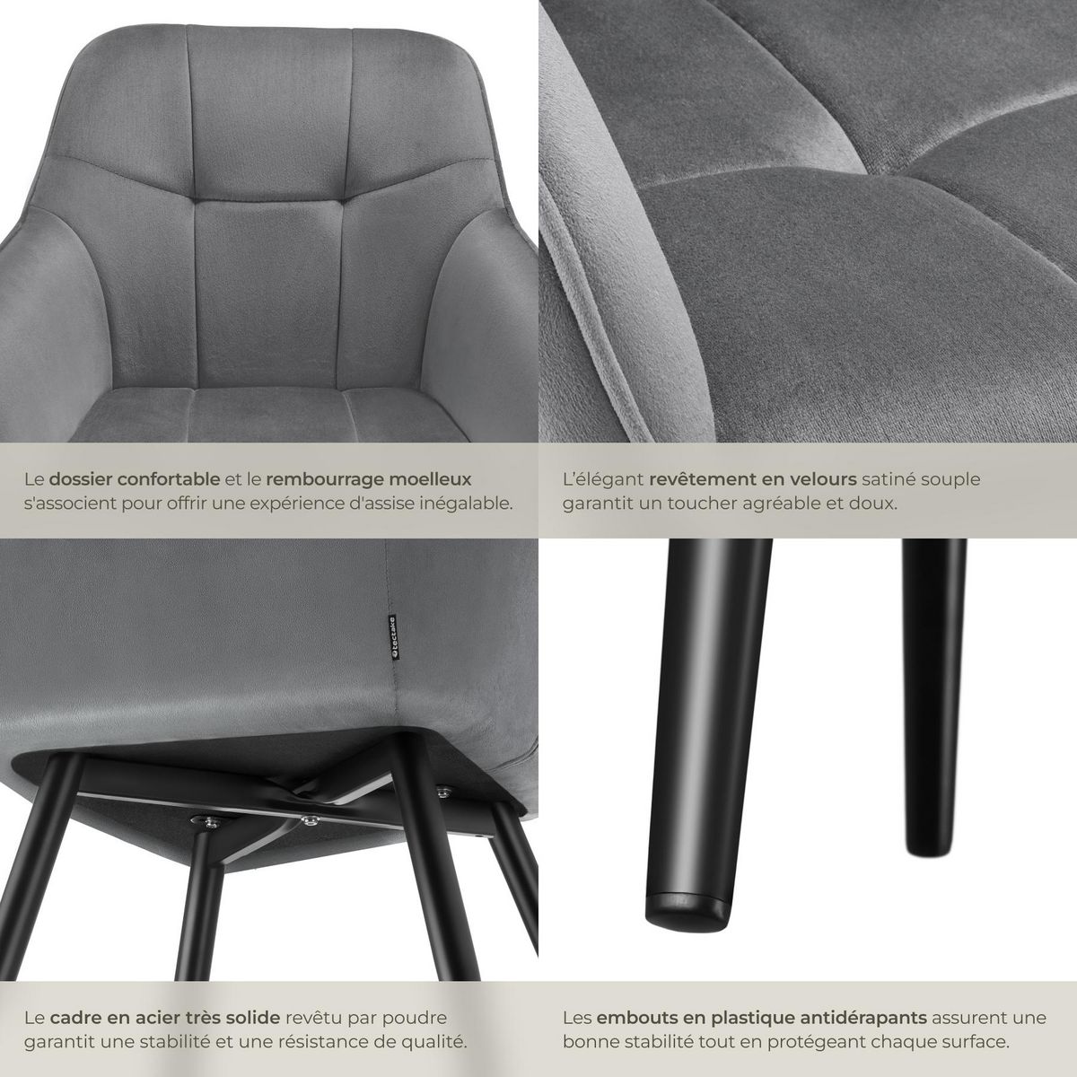 tectake Chaise de salle à manger rembourrée et en velours matelassé gris/noir