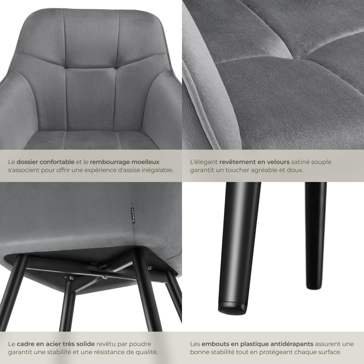 tectake Chaise de salle à manger rembourrée et en velours matelassé gris/noir