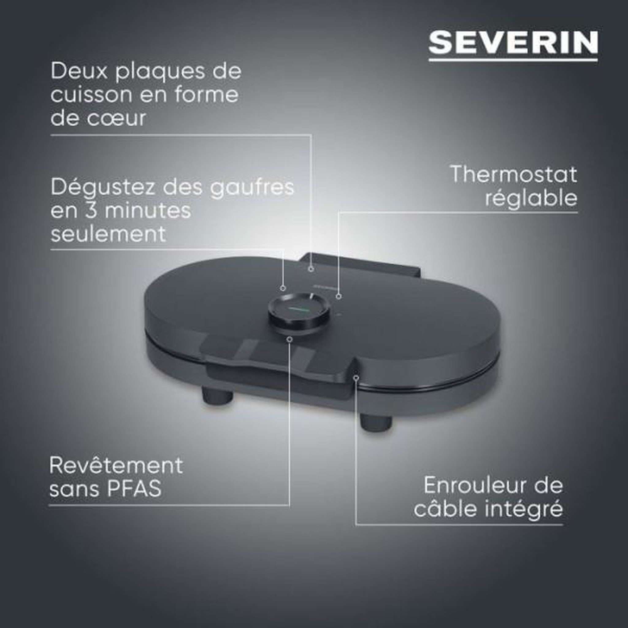 Voir la diapositive 2 : SEVERIN Machine a Gaufre - Gaufrier Electrique  duo - SEVERIN - WA2118 - 1200 W - Formes de coeur - Revetement céramique anti-adhésif - Noir