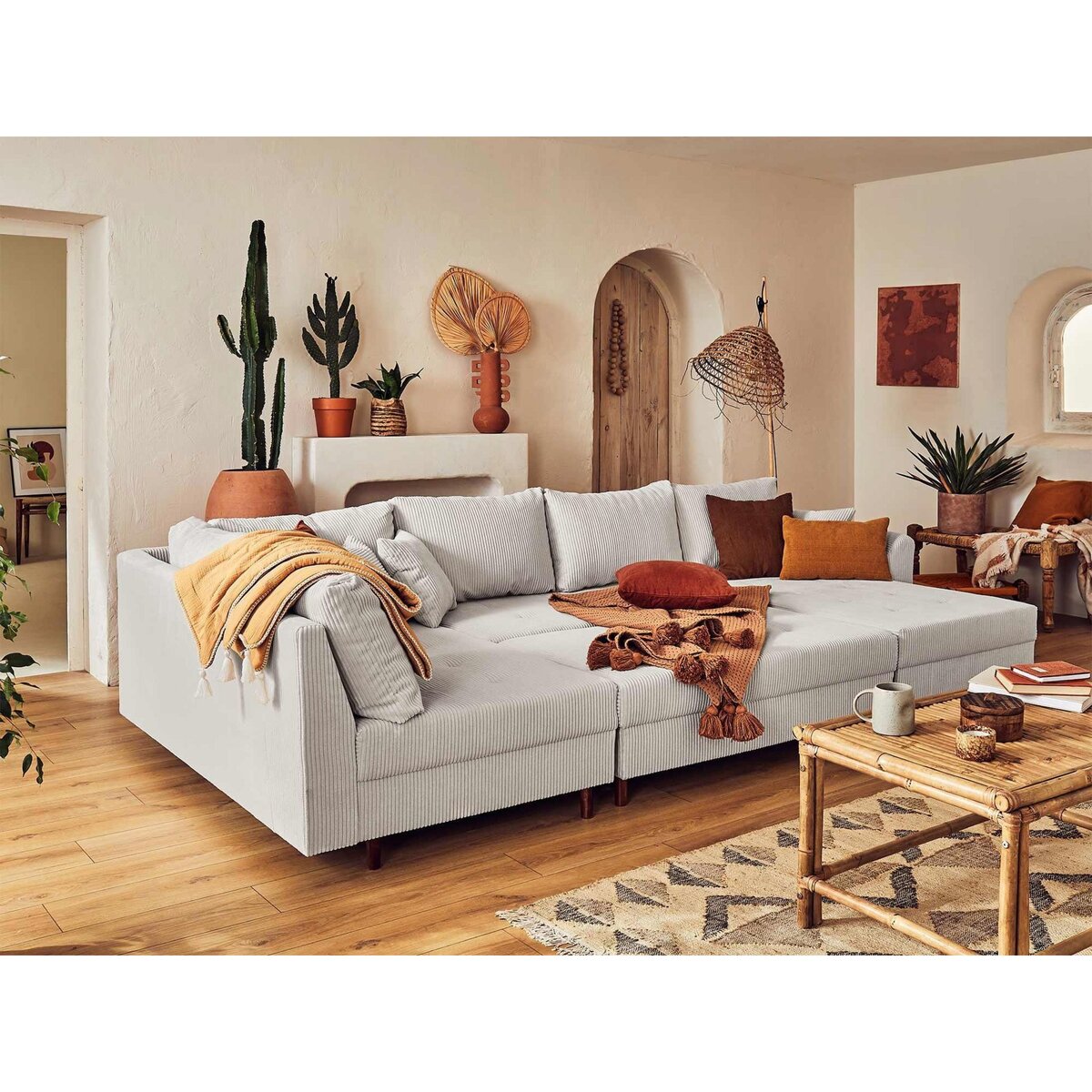 LISA DESIGN Rune - canapé panoramique d'angle gauche - 7 places - avec pouf d'appoint - en velours côtelé