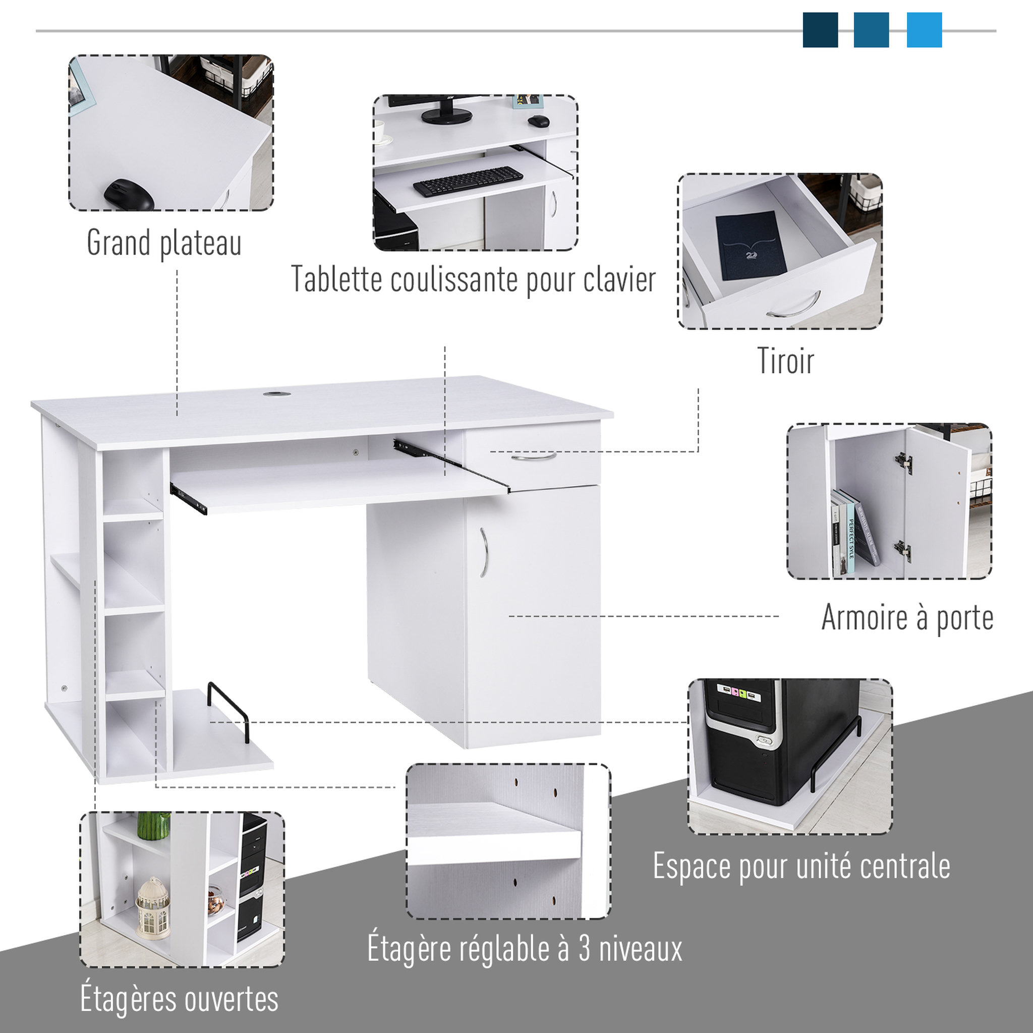Voir la diapositive 4 : HOMCOM Bureau informatique multimédia multi-rangements avec étagère tiroir tablette clavier MDF 120 x 60 x 74 cm blanc
