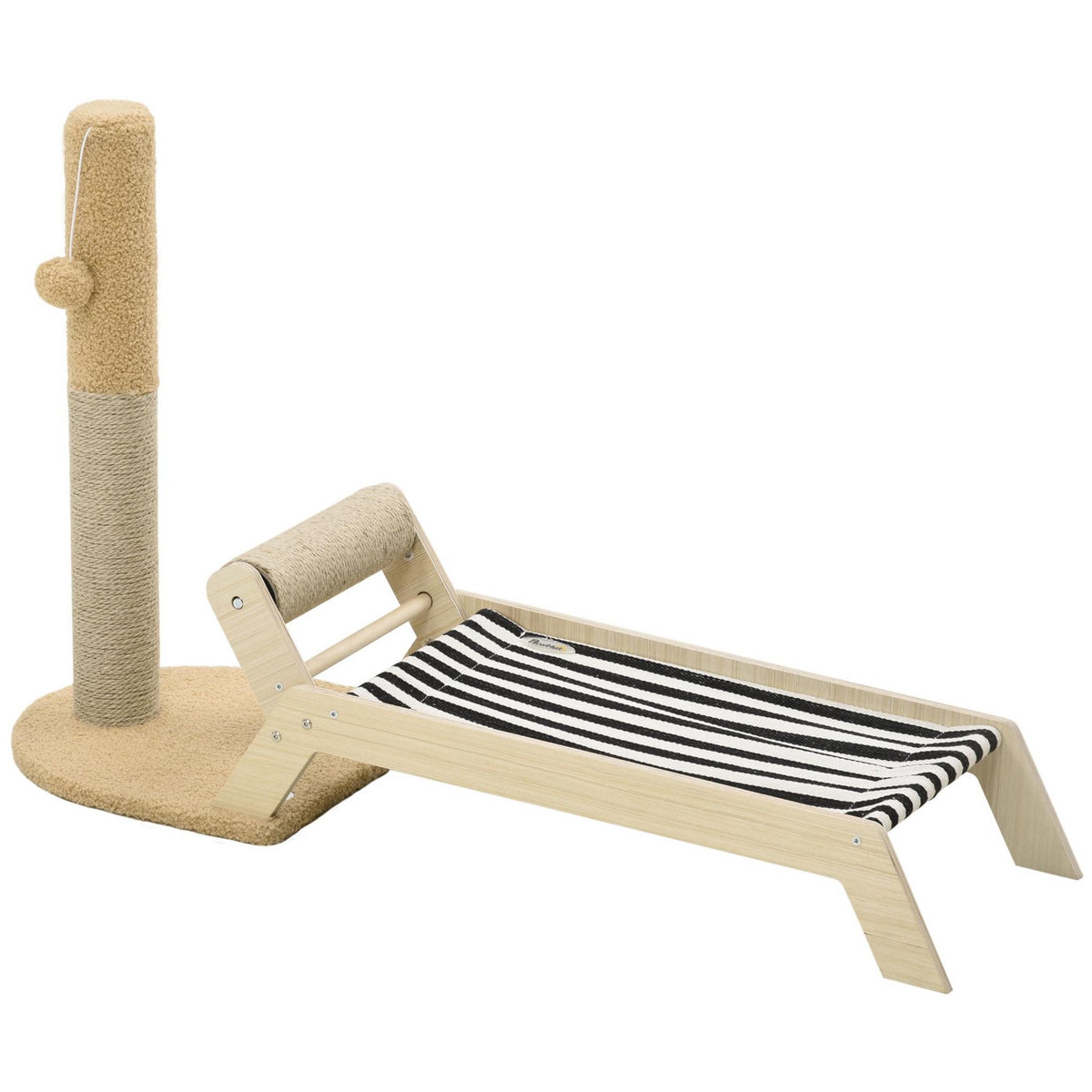 PAWHUT Lit pour chat arbre à chat griffoir grattoir avec hamac et pompon suspendu dim. 88,5L x 31,5l x 54,5H cm naturel