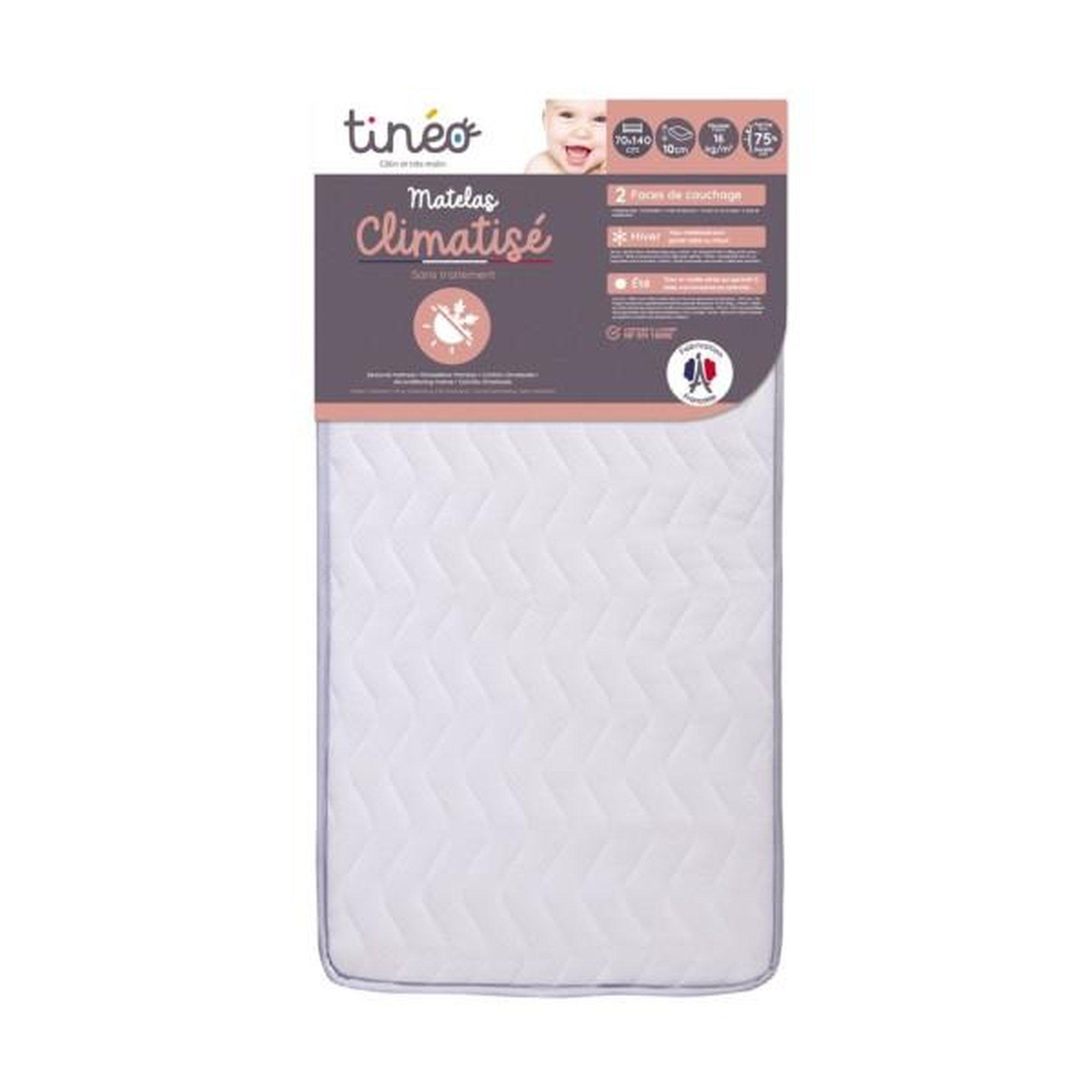 Voir la diapositive 2 : TINEO Matelas Climatisé 70x140x10cm - Matelas Bébé - Climatisé - 1 Face Été - 1 Face Hiver - Sans Traitement - Fabriqué En Fran