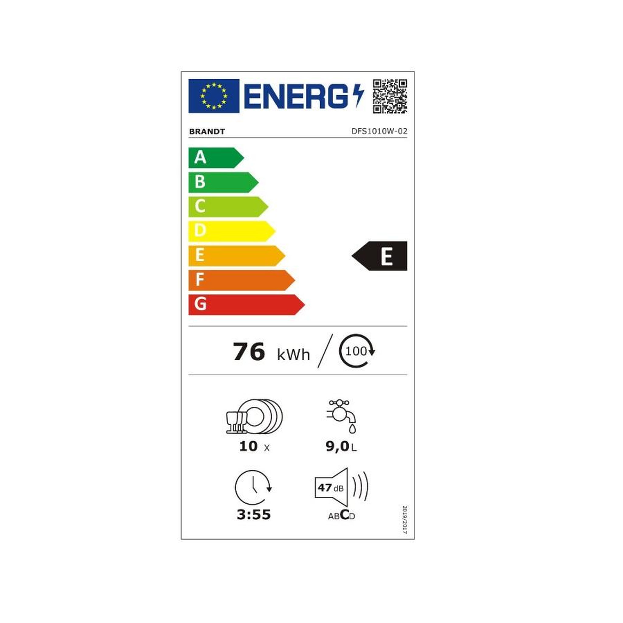 Voir la diapositive 2 : BRANDT Lave-vaisselle 45cm 10 couverts 47db - dfs1010w