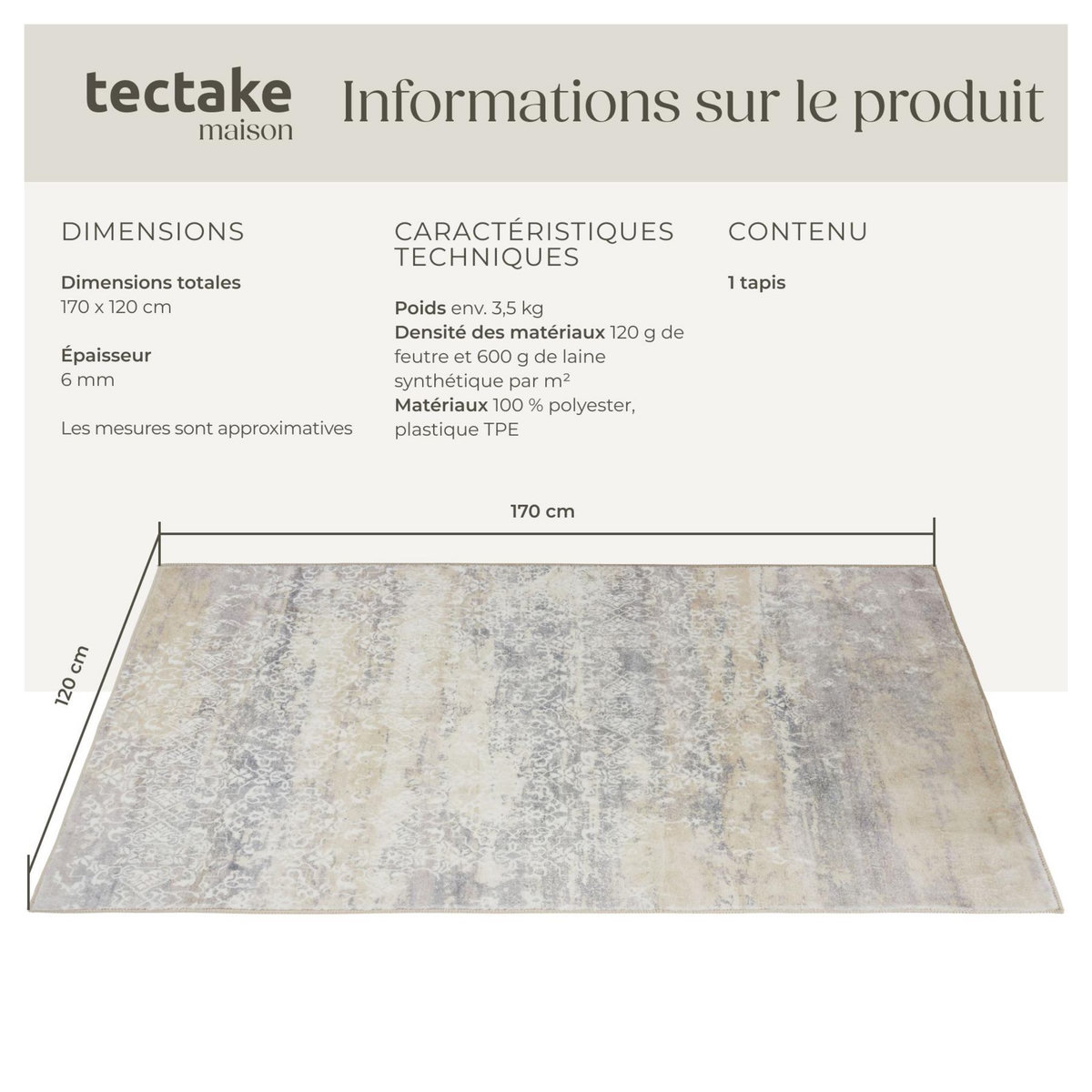 tectake Tapis design vintage à poils courts en laine synthétique et feutre beige 120 x 170 cm