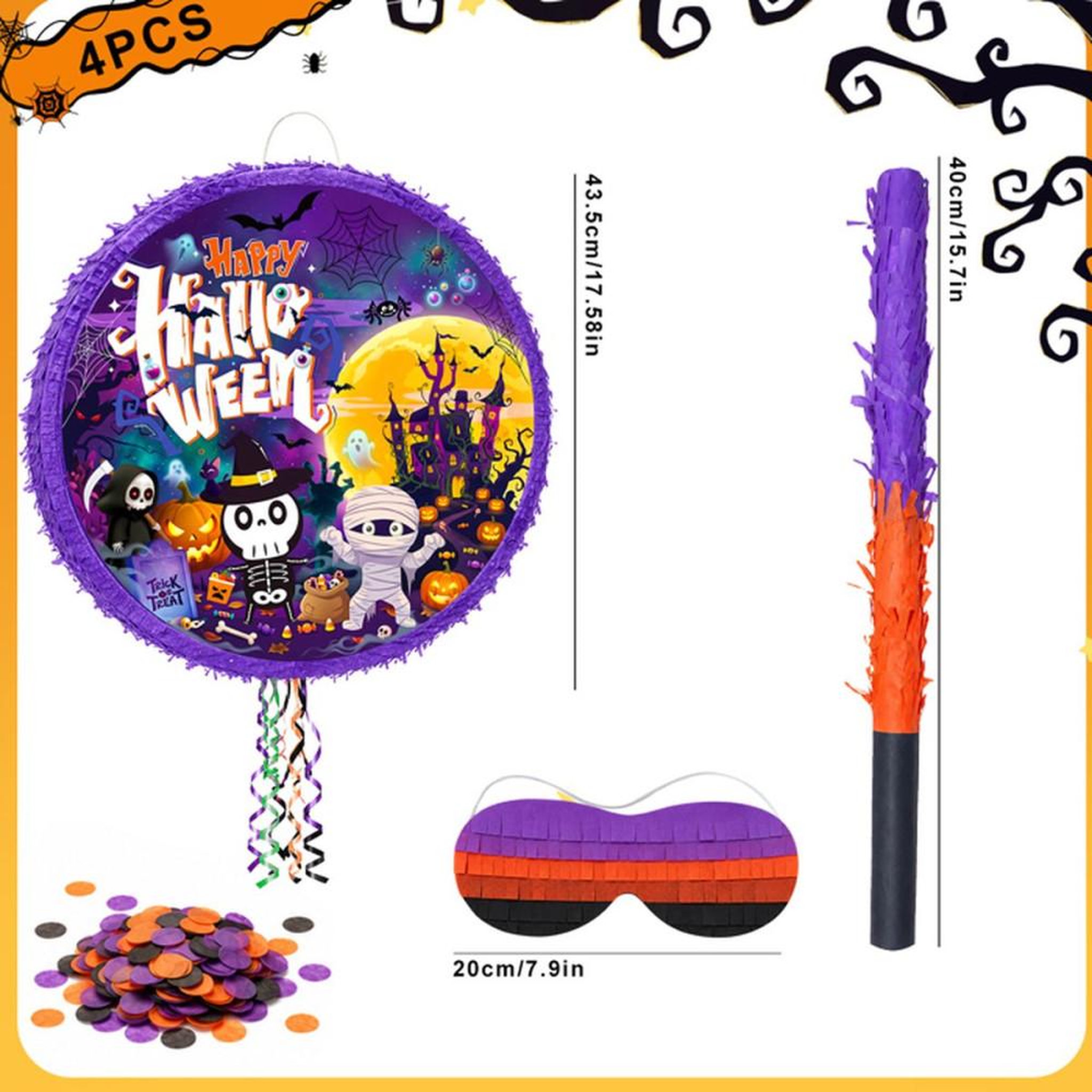 Voir la diapositive 2 : Coffret de 4 piñatas rondes Halloween 43 cm thème Happy Halloween décorations et accessoires