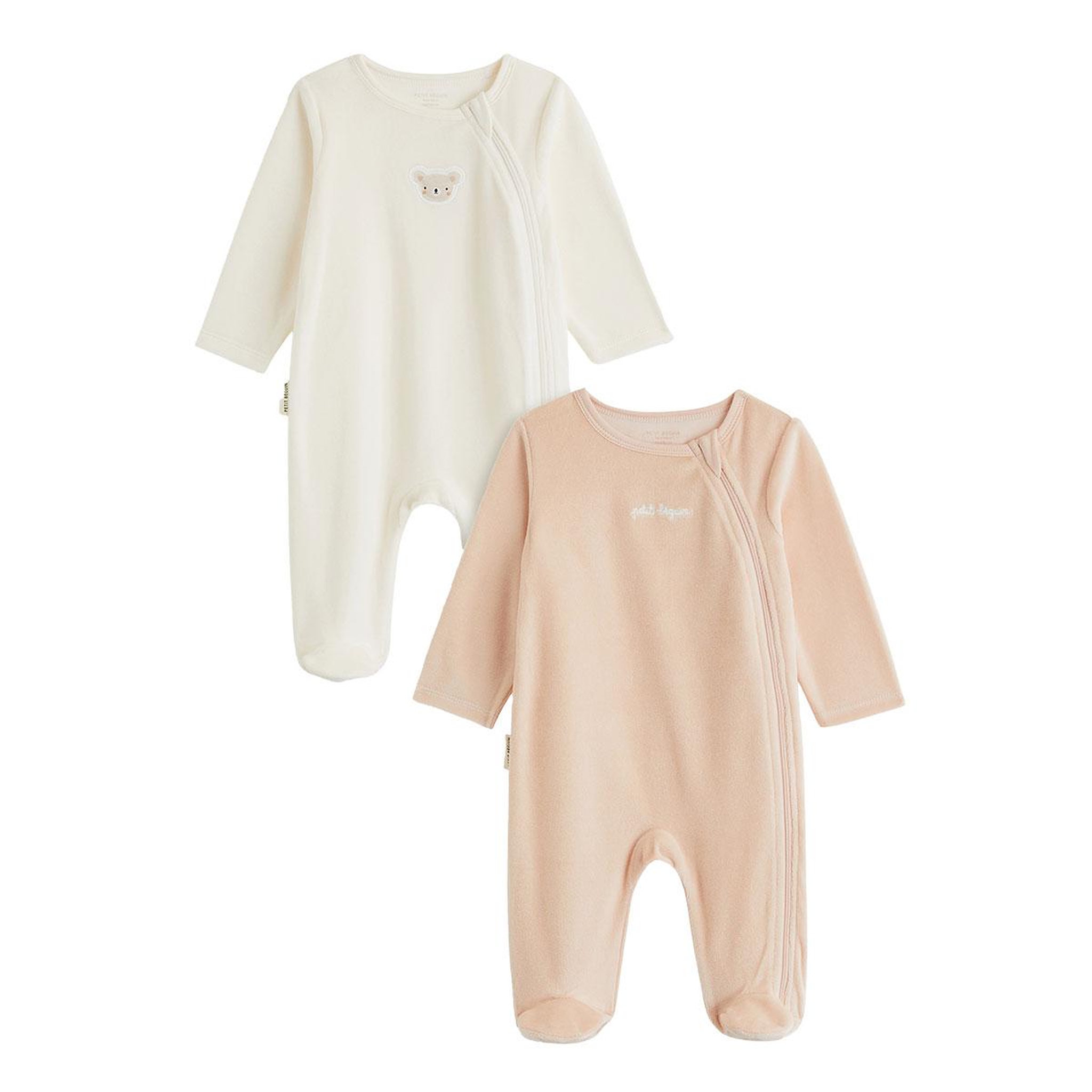 PETIT BEGUIN Lot de 2 pyjamas bébé en velours ouverture zippée. Coloris disponibles : Rose