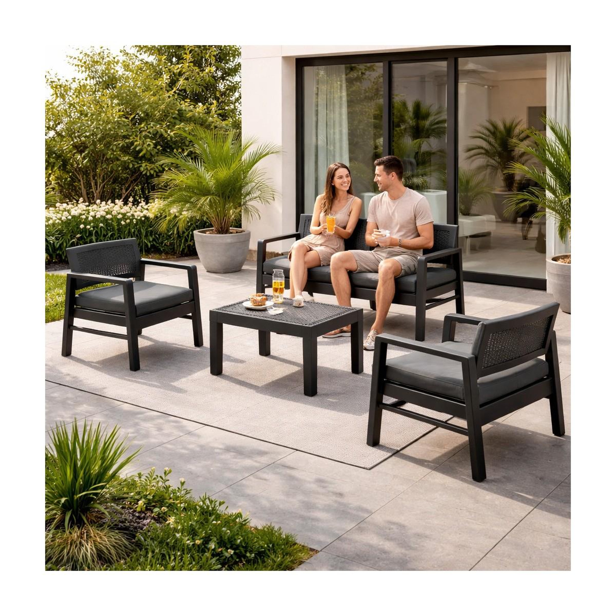 Voir la diapositive 3 : KZ GARDEN Salon de jardin extérieur 4 personnes gris anthracite canapé 2 places + 2 fauteuils + table basse + 4 coussins kz garden