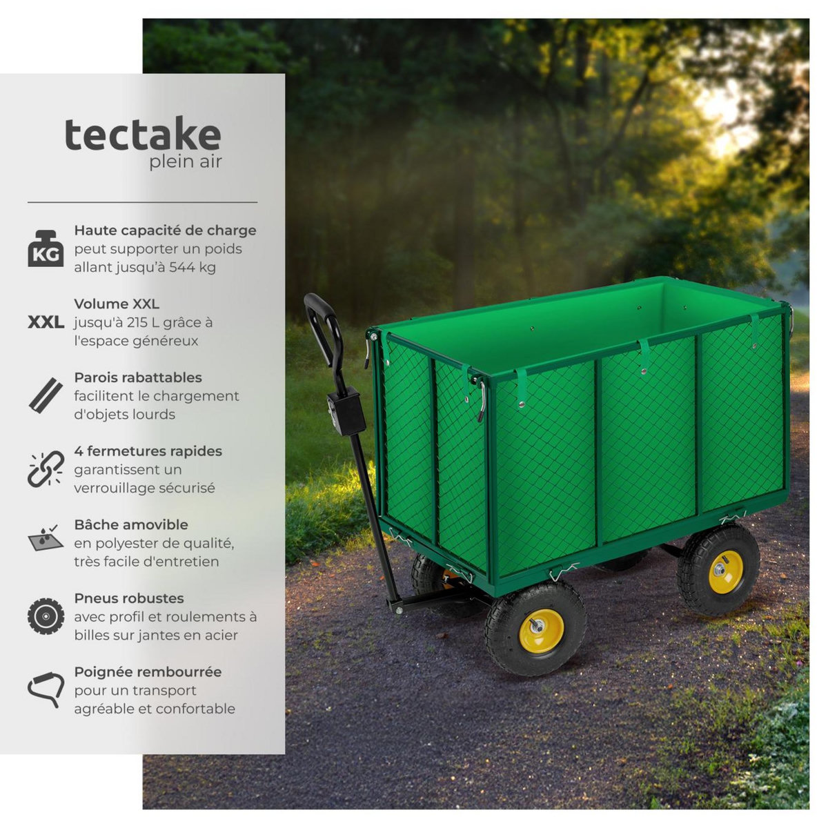 tectake Chariot de jardin et de transport avec des parois latérales rabattables vert