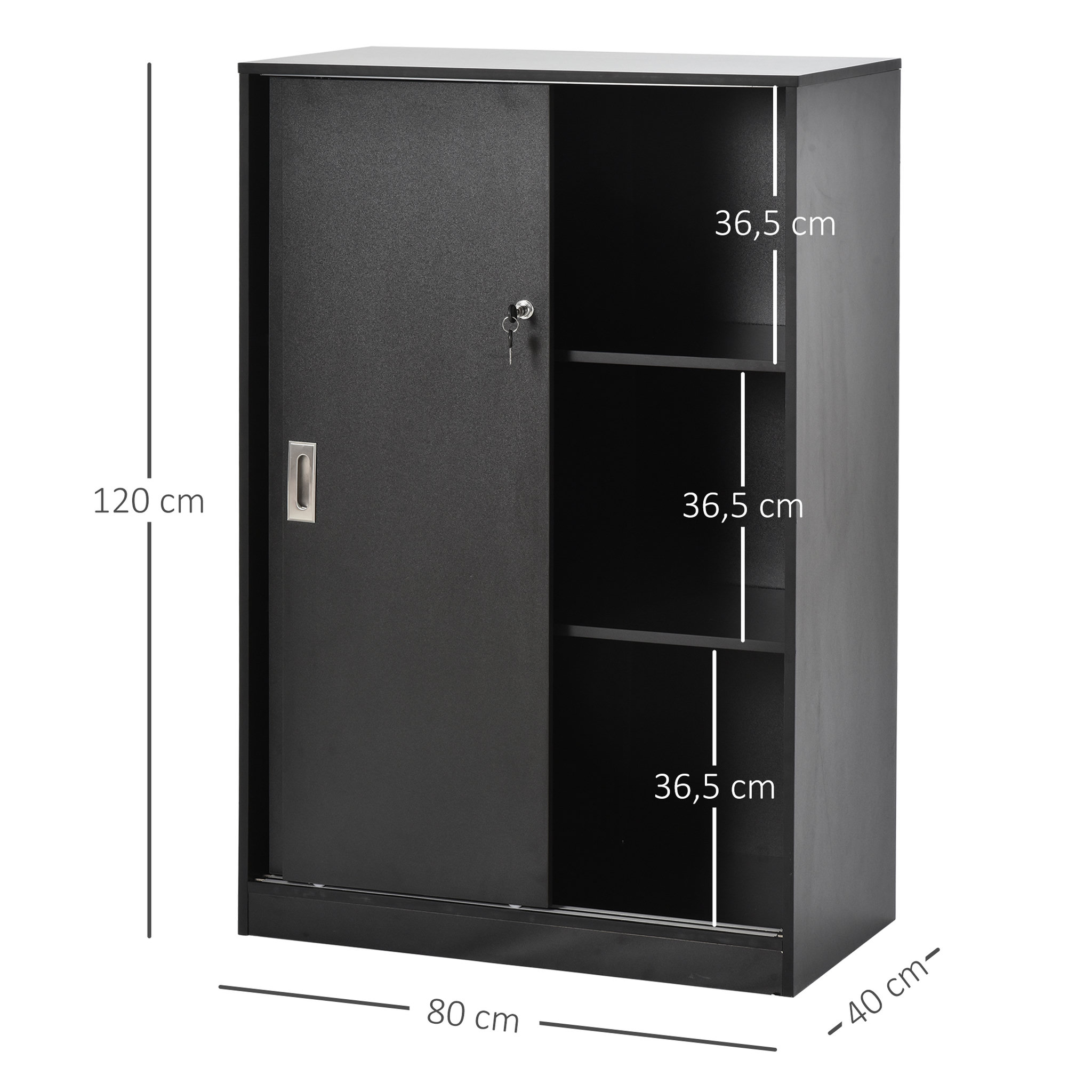 Voir la diapositive 3 : HOMCOM Armoire de bureau 2 portes coulissantes verrouillables dim. 80L x 40l x 120H cm 2 étagères panneaux particules noir