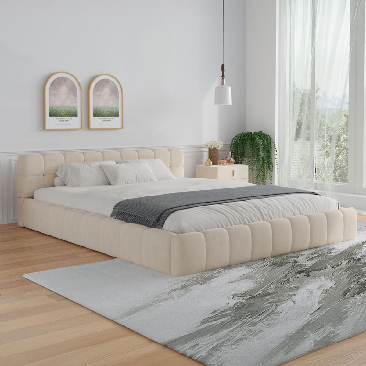 CONCEPT USINE Lit style nuage 140x190cm en velours beige KANSAS