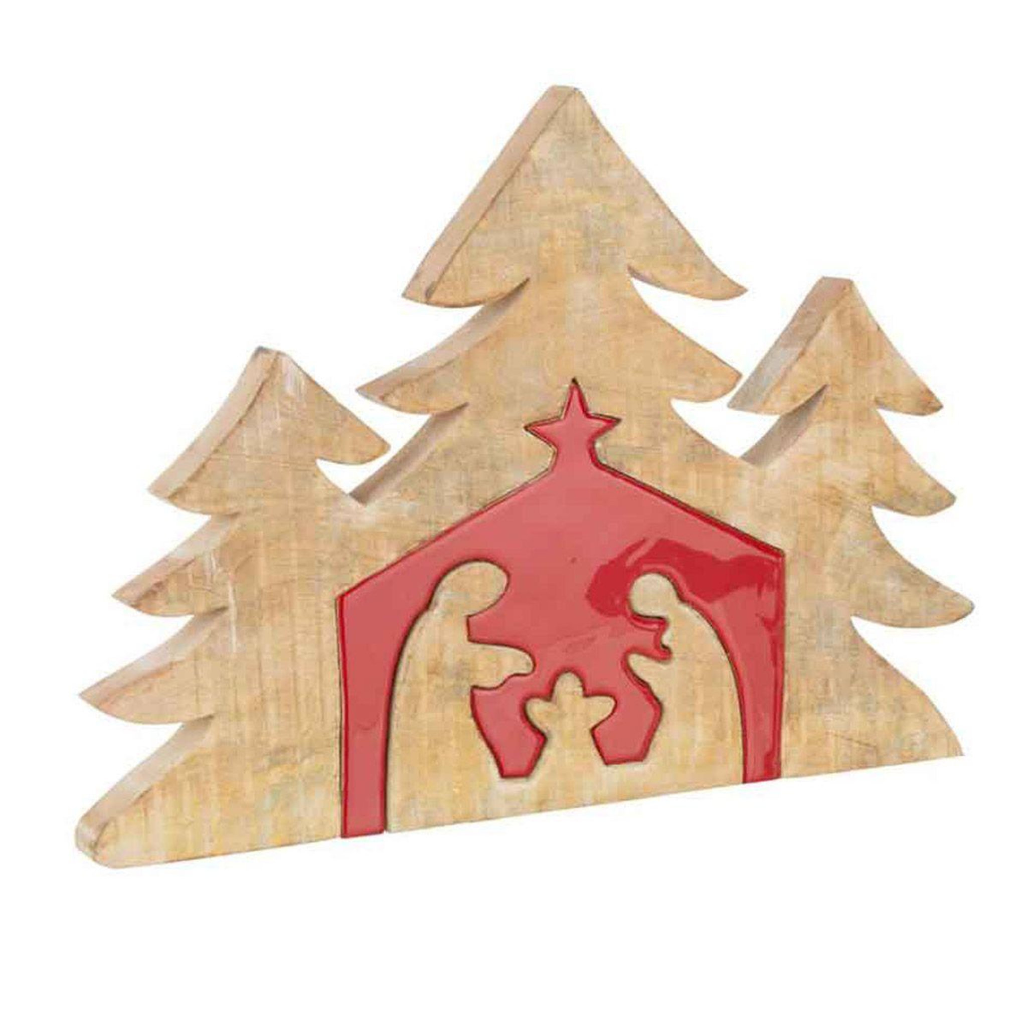 J-LINE Statuette déco bois  puzzle nativité  55cm rouge