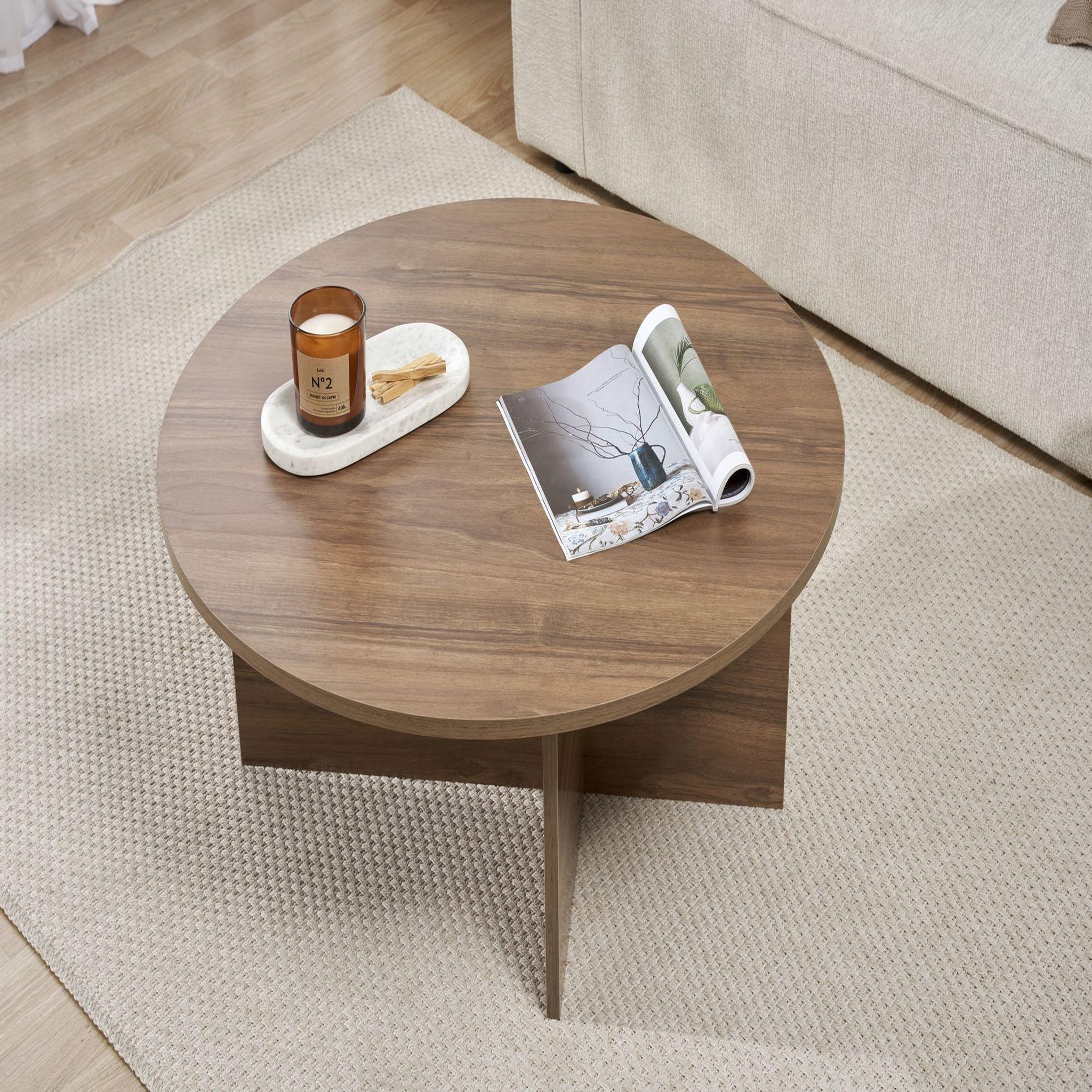 Voir la diapositive 4 : Habitat et Jardin Table basse en bois  soleil  - 90 x 90 x 40 cm - noyer