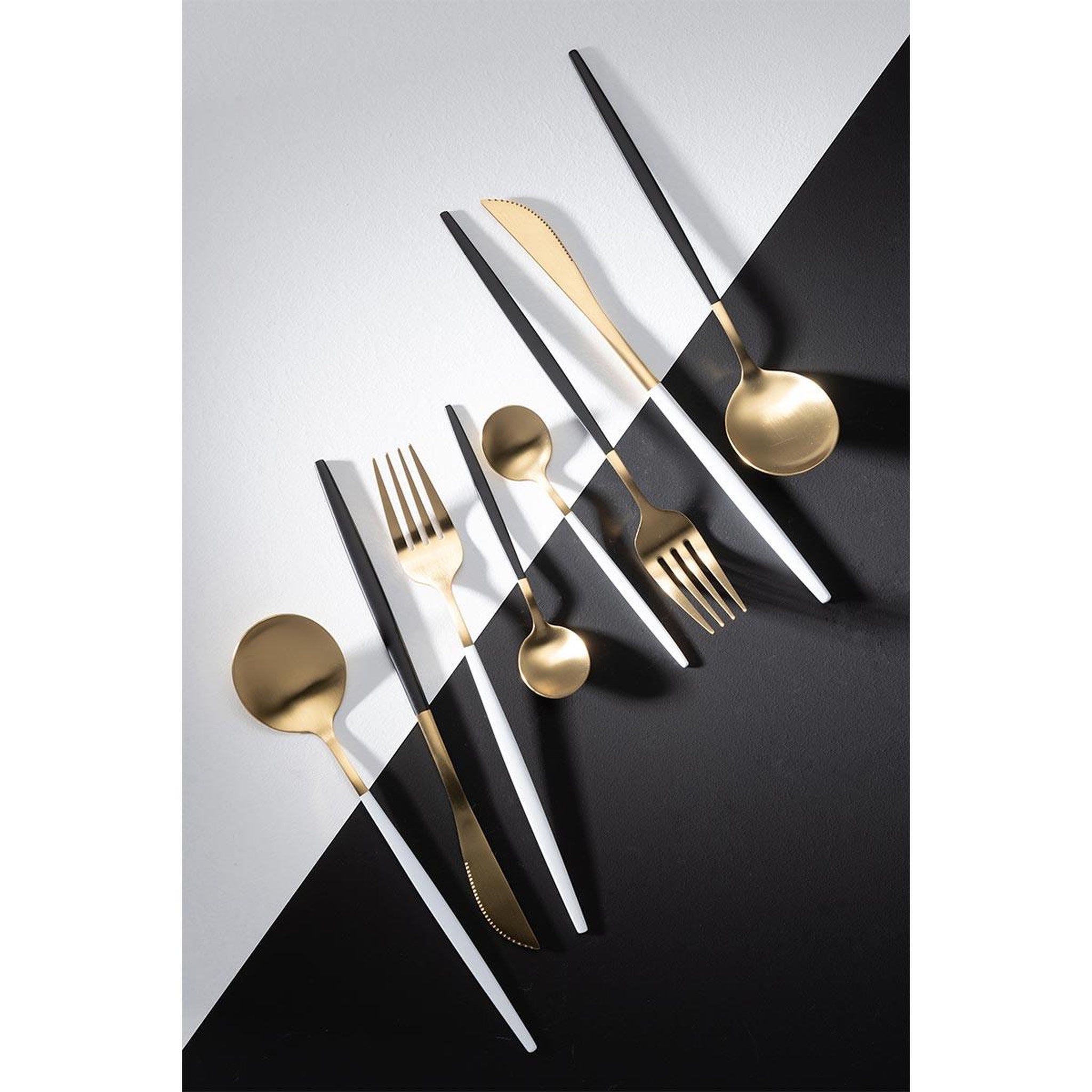 Voir la diapositive 5 : J-LINE Ménagère 24 Pièces en Inox  Mat  27cm Blanc & Or