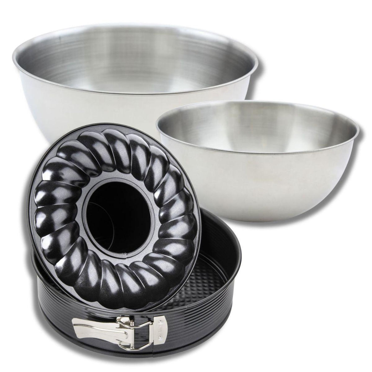 ZENKER Set avec 1 Moule à manqué et à savarin 28 cm, 1 spatule Zenker et 2 bols à mixer en inox Fackelmann