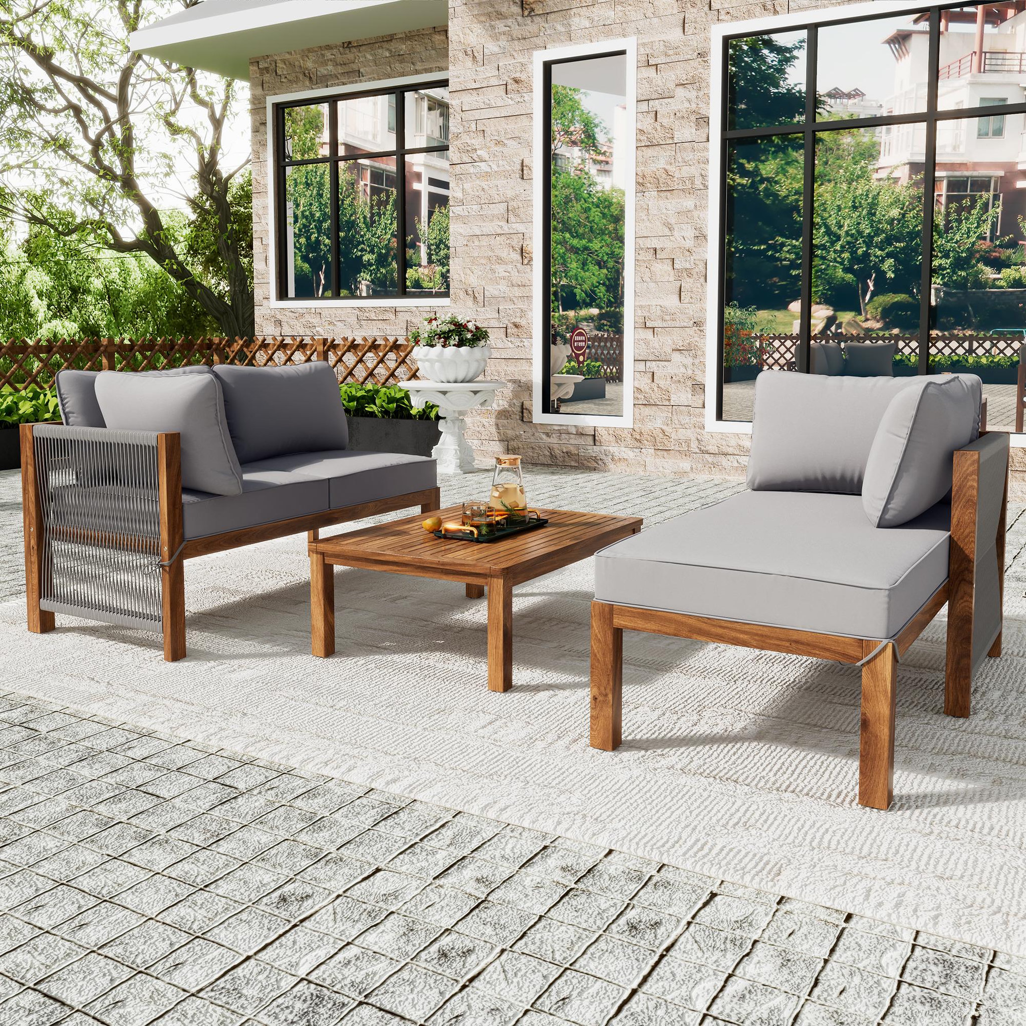 Voir la diapositive 5 : MERAX Salon de jardin angle 4 places en bois avec 2 canapés, table, pieds réglables, coussins, gris