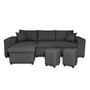 Voir la diapositive 5 : Canapé d'angle convertible avec coffre 3 places + 2 poufs à droite et étagère à gauche MACHA