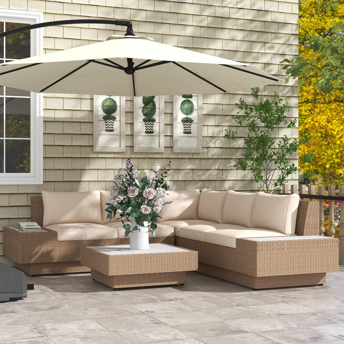 OUTSUNNY Ensemble salon de jardin d'angle 5 places style bohème chic résine aspect rotin effet bois beige