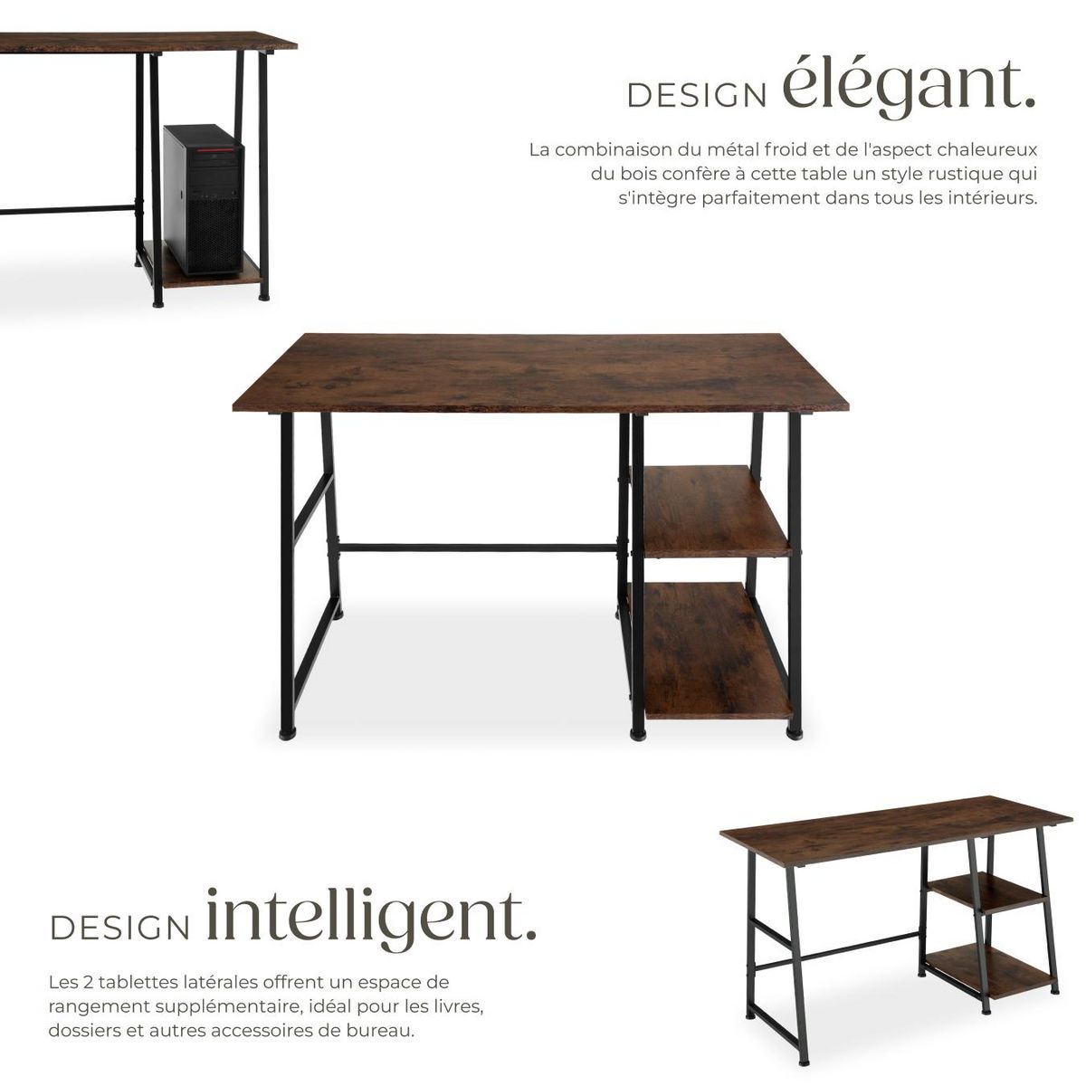 tectake Bureau Style industriel Étagère latérale avec 2 compartiments de stockage