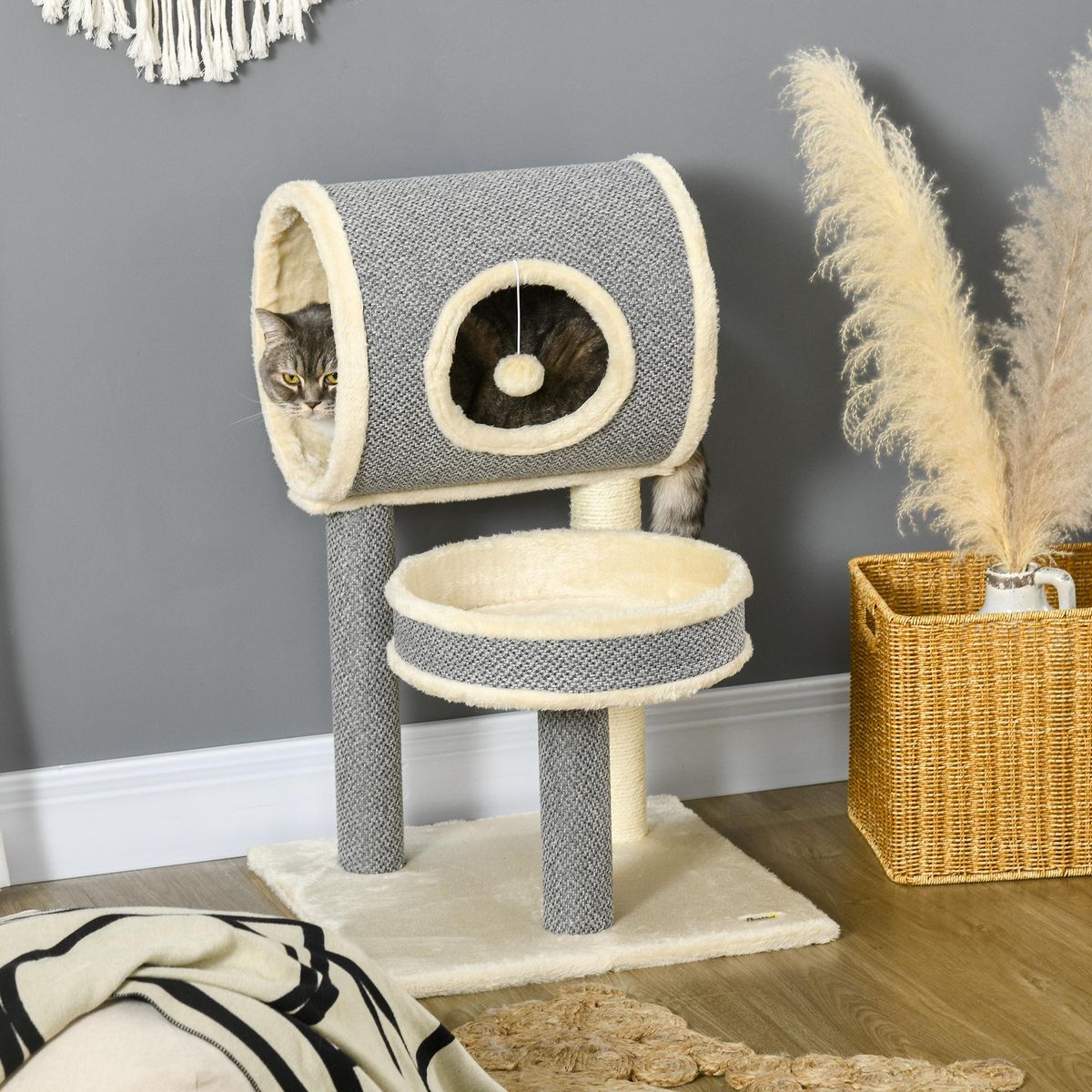 PAWHUT Arbre à chat style cosy chic griffoir sisal naturel plateforme tunnel jeu boule peluche courte aspect lin tressé gris