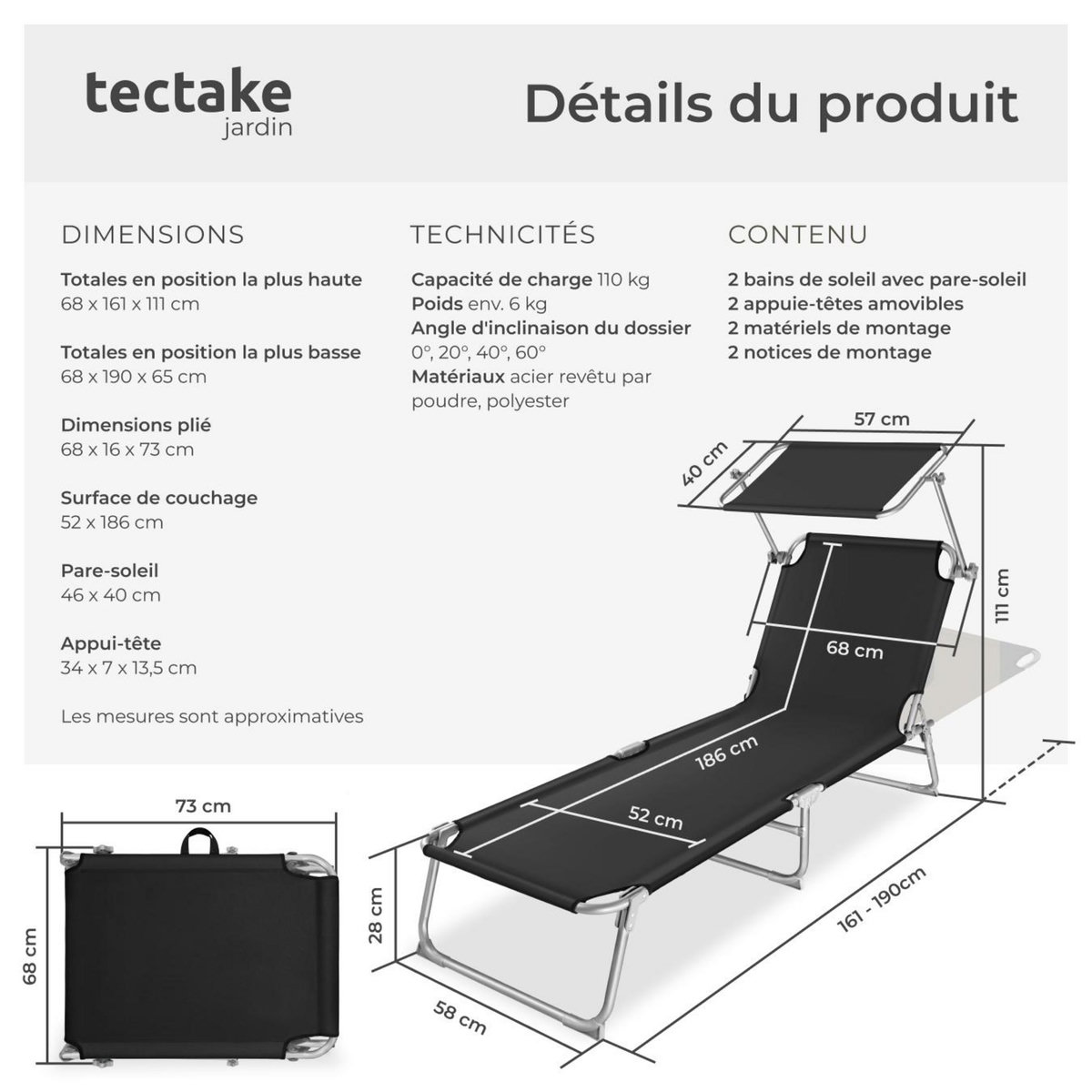 tectake Lot de 2 transats de jardin en acier pliable noir