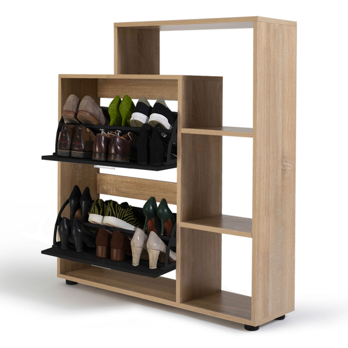 ID MARKET Meuble à chaussures 12 paires KLARK imitation hêtre 2 portes noires avec étagères