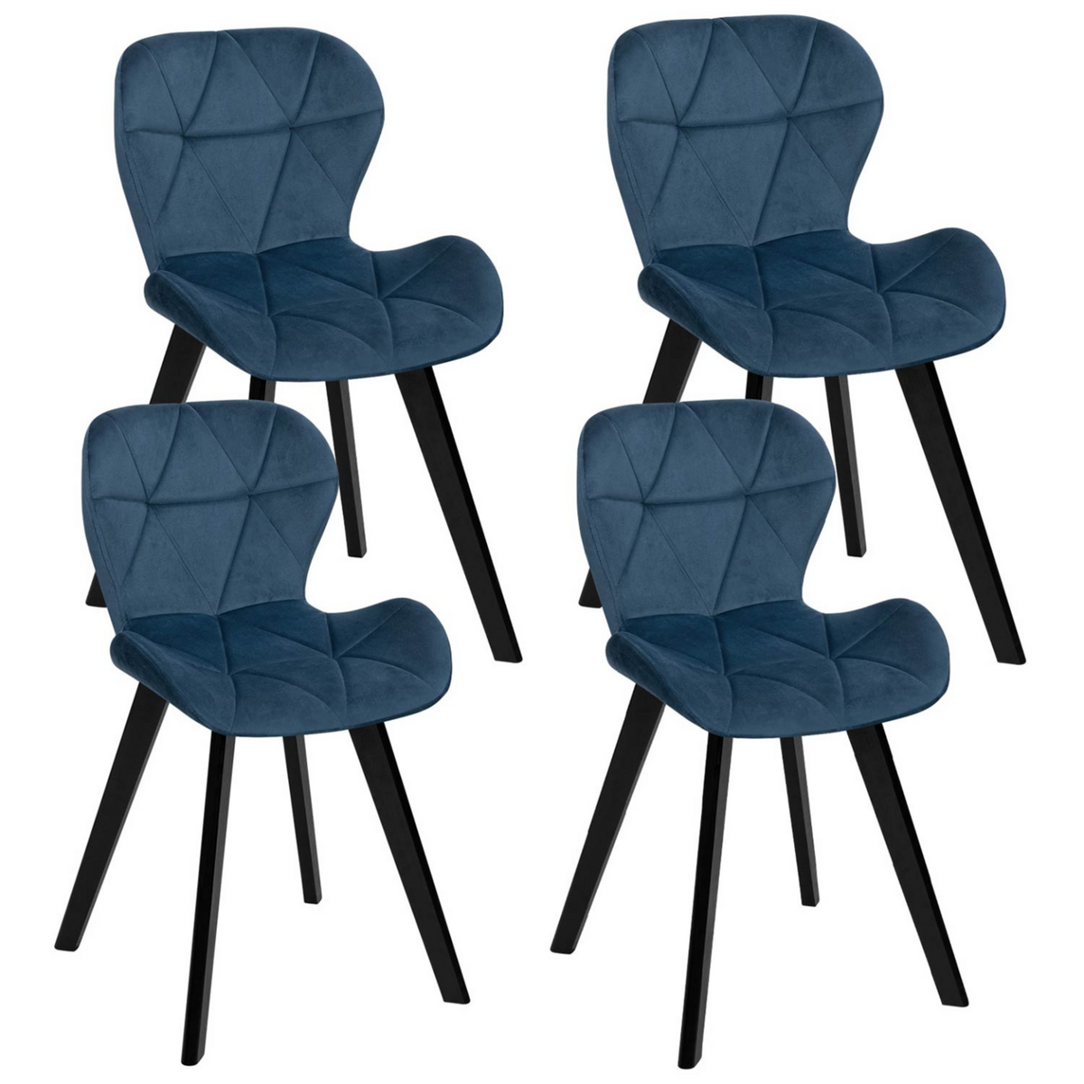 ID MARKET Lot de 4 chaises ROBINE en velours bleu pieds noirs
