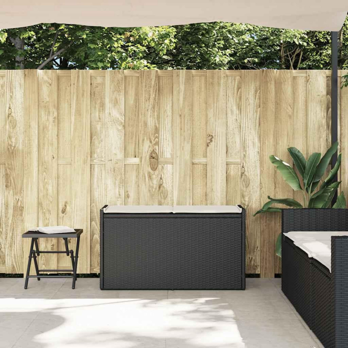 VIDAXL Banc de rangement exterieur coussin noir 100 cm resine tressee